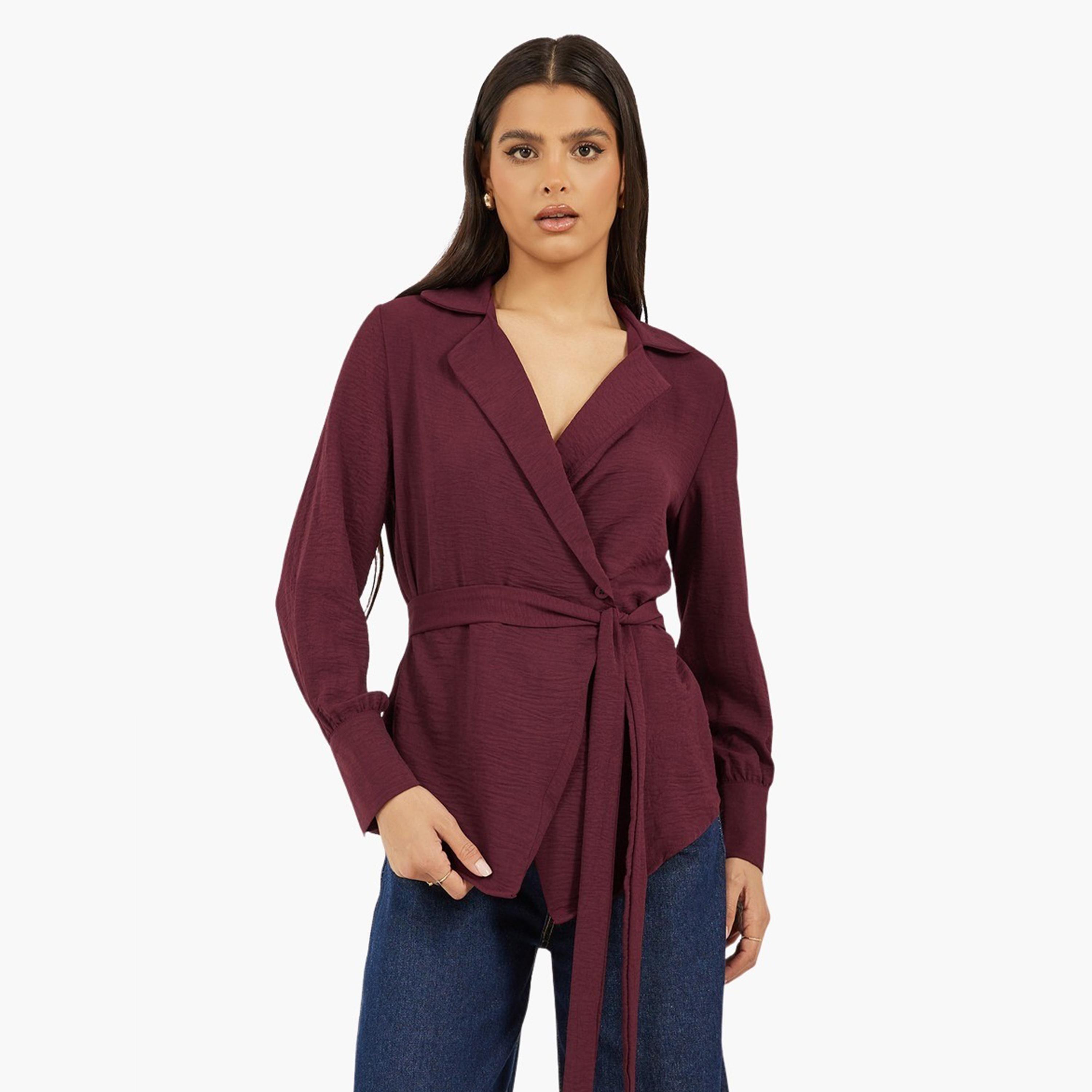 Styli Burgundy Solid Wrap Belted Blouse-women-clothing-shirtsandblouses-blouses-image-1