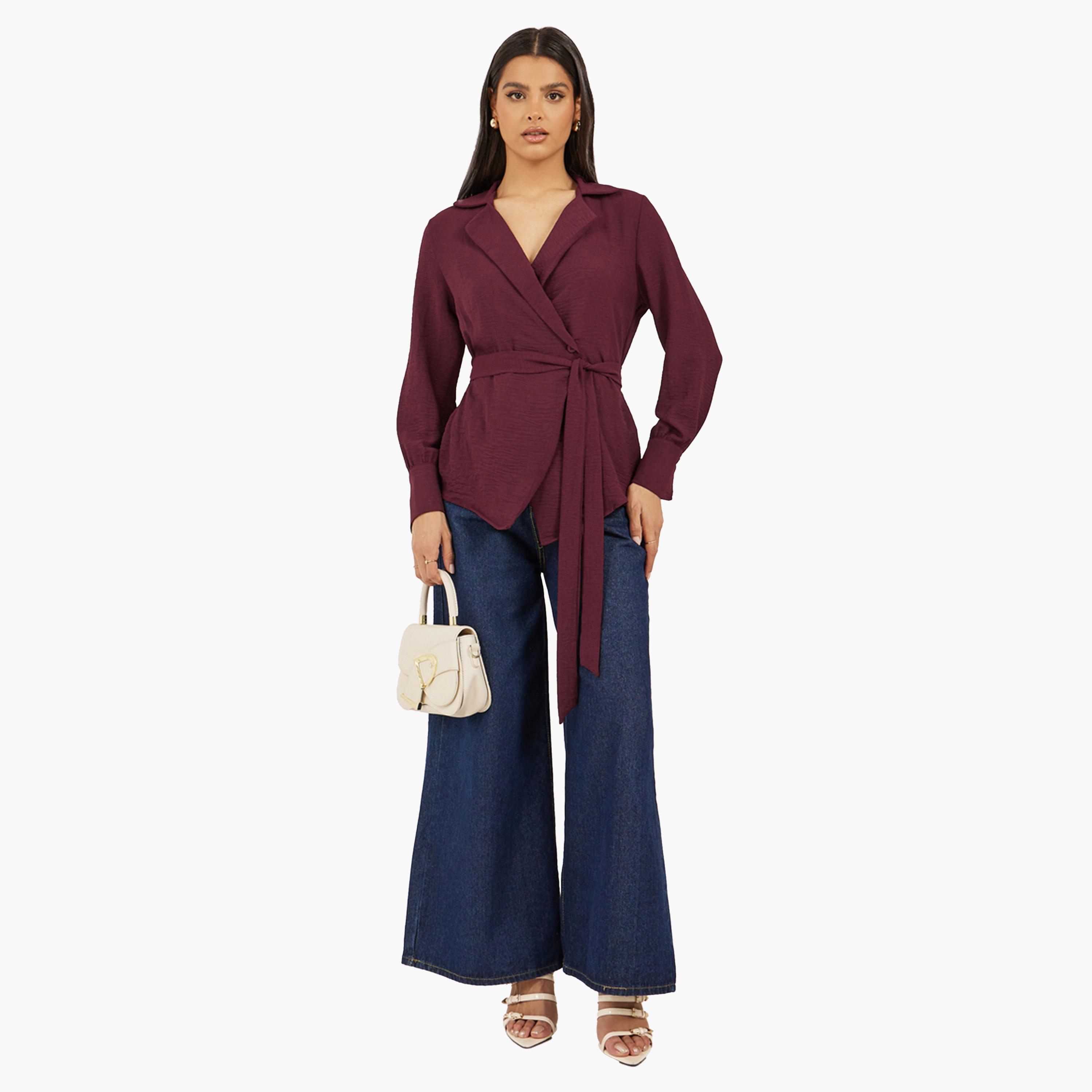 Styli Burgundy Solid Wrap Belted Blouse-women-clothing-shirtsandblouses-blouses-image-2