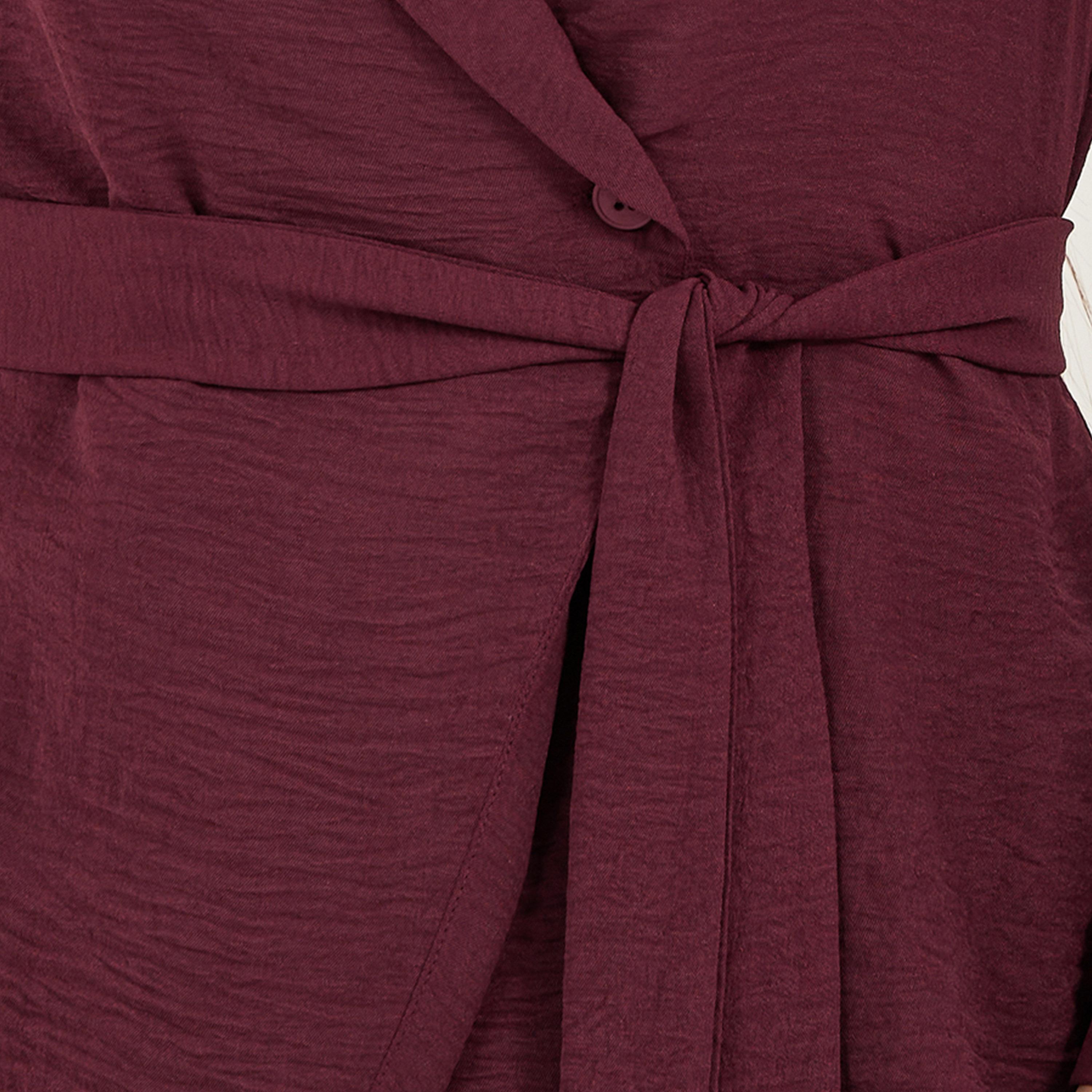 ستايلي-  بلوزة لون عنابي سادة ملفوفة بحزام-women-clothing-shirtsandblouses-blouses-image-3