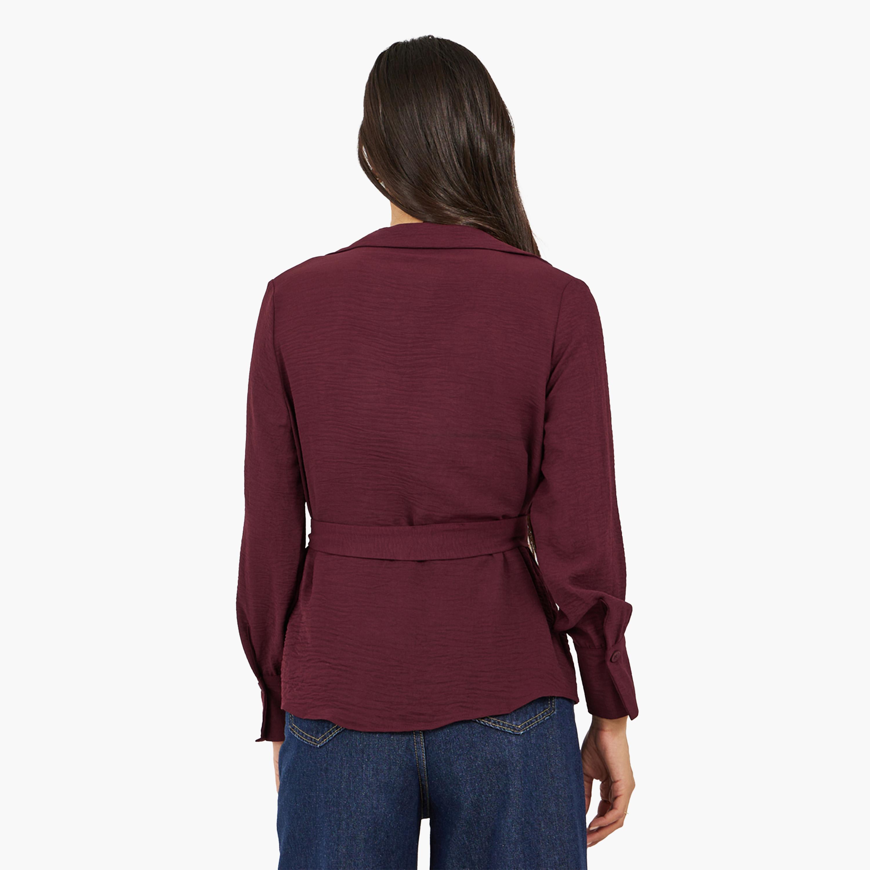 ستايلي-  بلوزة لون عنابي سادة ملفوفة بحزام-women-clothing-shirtsandblouses-blouses-image-4