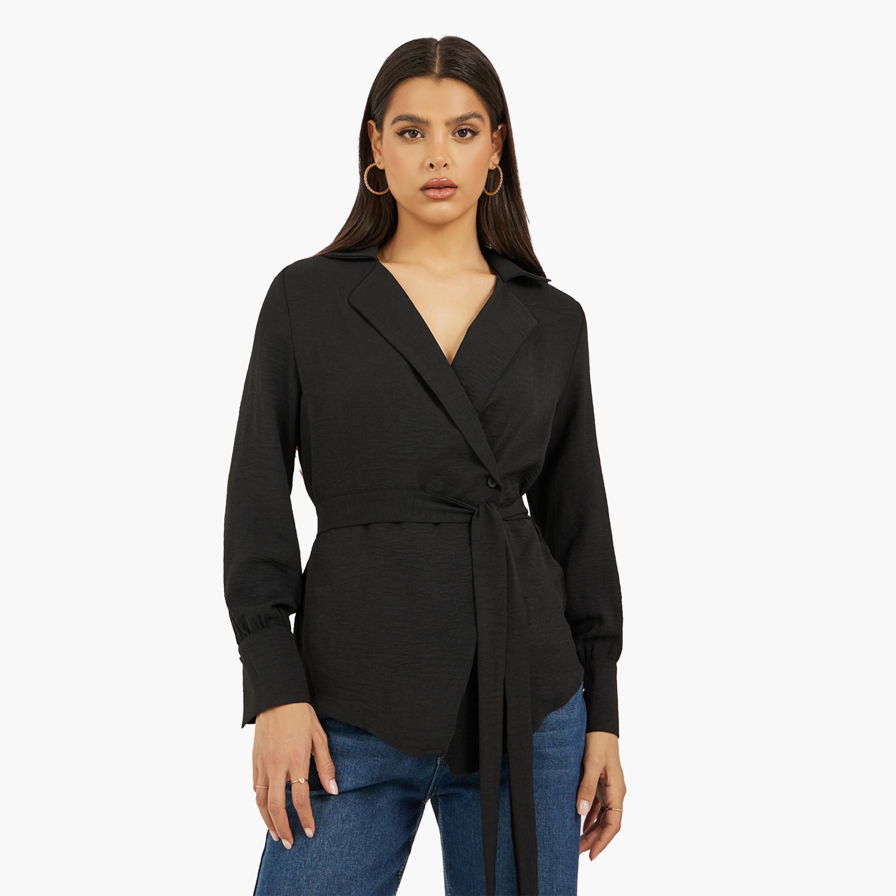 Styli Black Solid Wrap Belted Blouse-women-clothing-shirtsandblouses-blouses-image-1