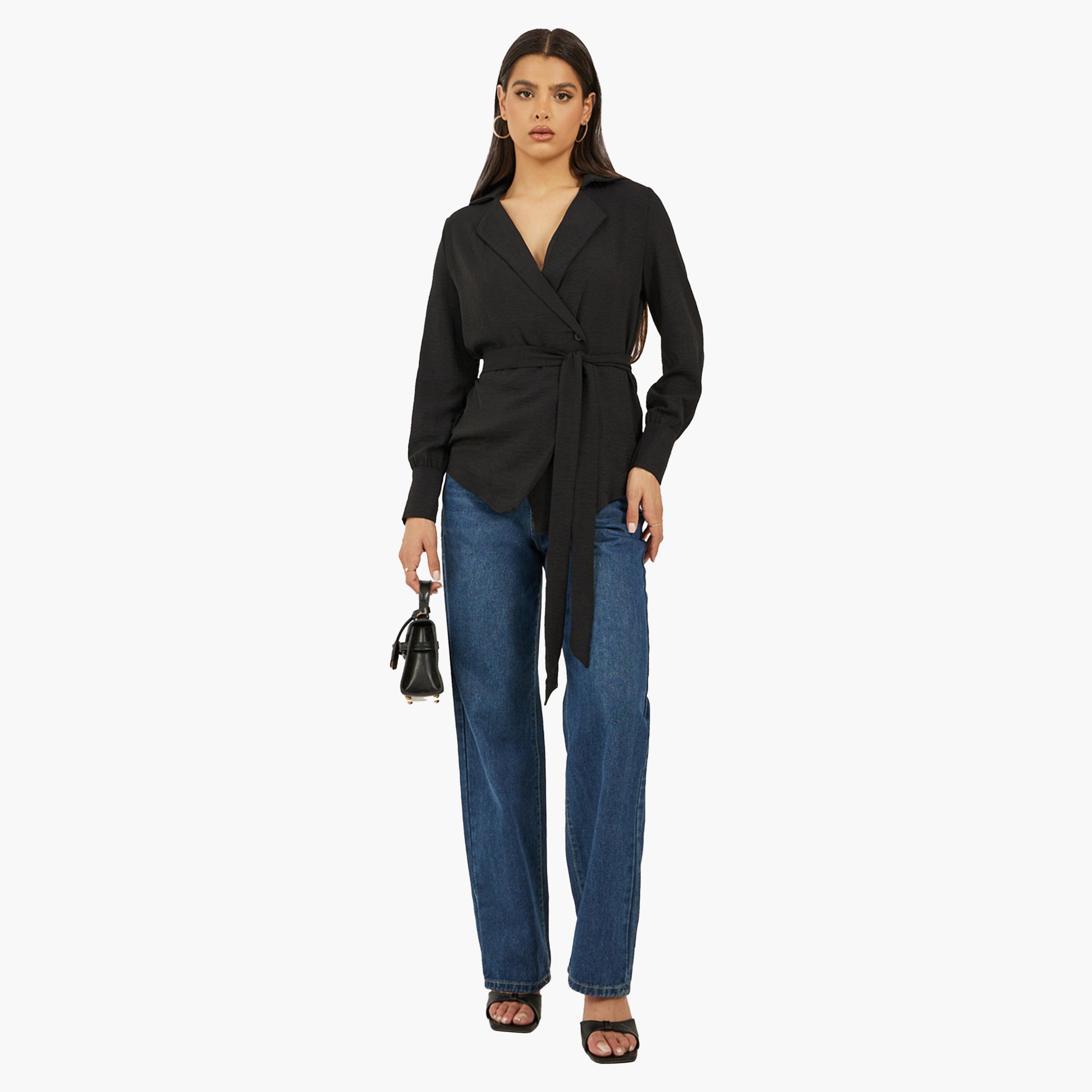 Styli Black Solid Wrap Belted Blouse-women-clothing-shirtsandblouses-blouses-image-2