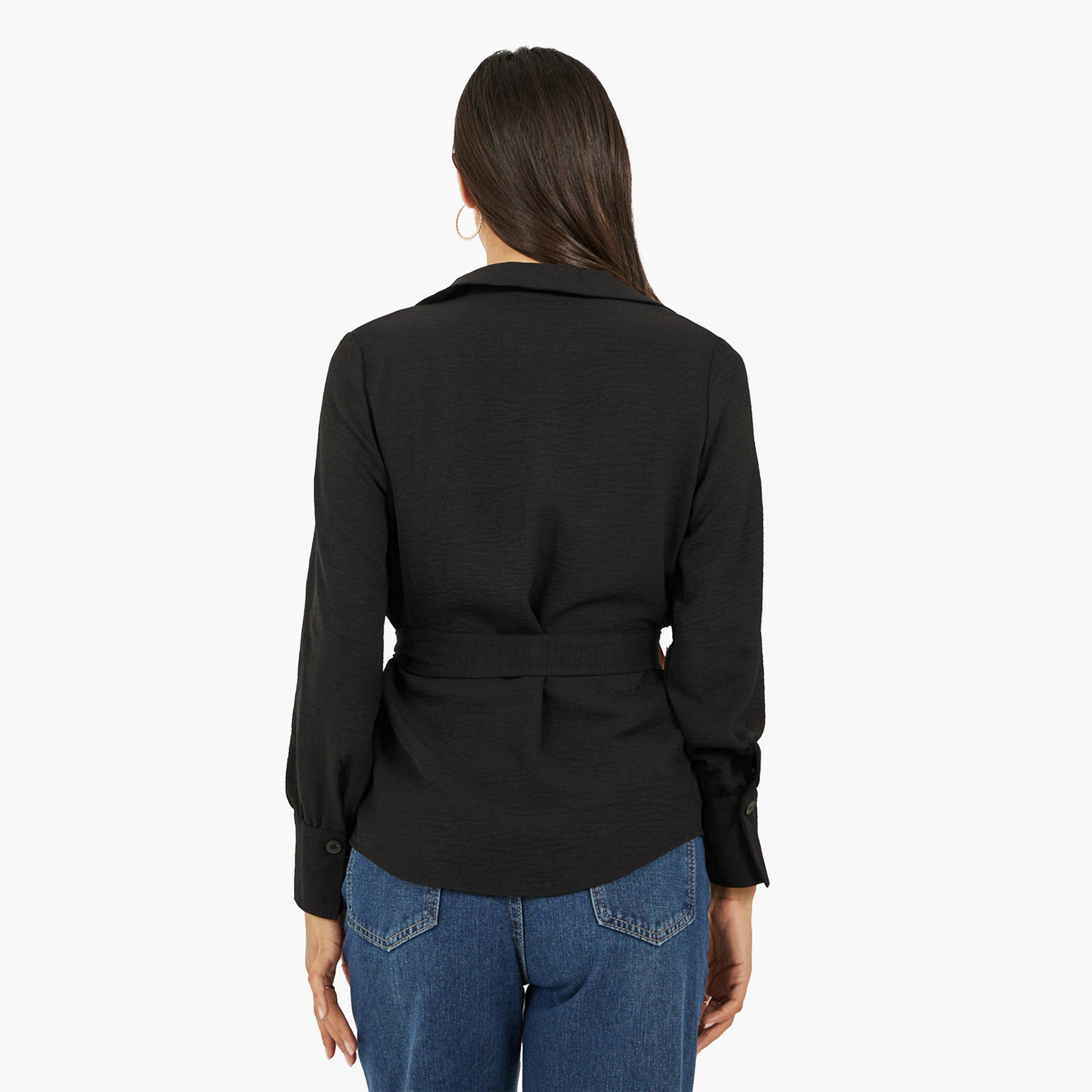 Styli Black Solid Wrap Belted Blouse-women-clothing-shirtsandblouses-blouses-image-4