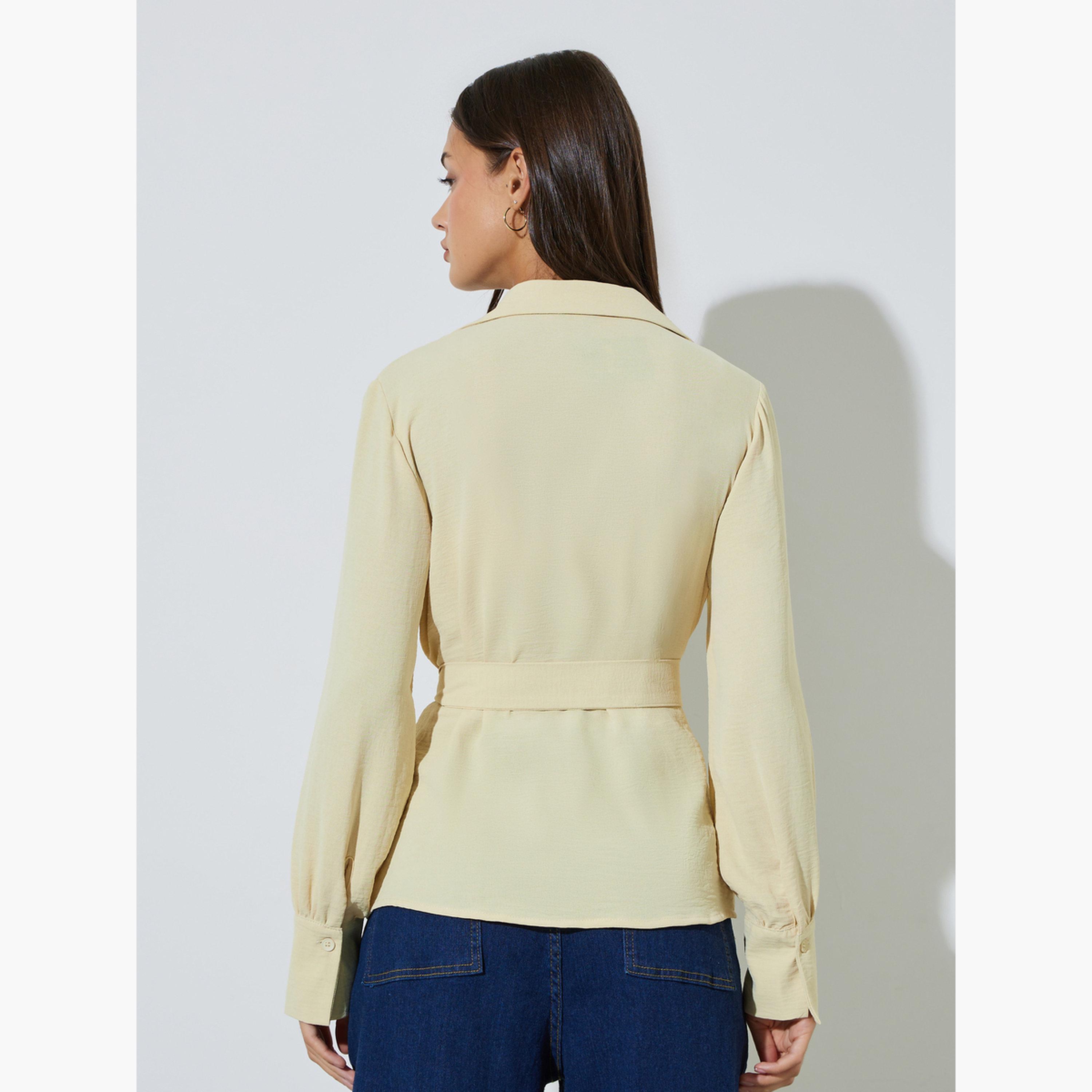 بلوزة لف بحزام وأكمام طويلة وتفاصيل بارزة الملمس-women-clothing-shirtsandblouses-blouses-image-4