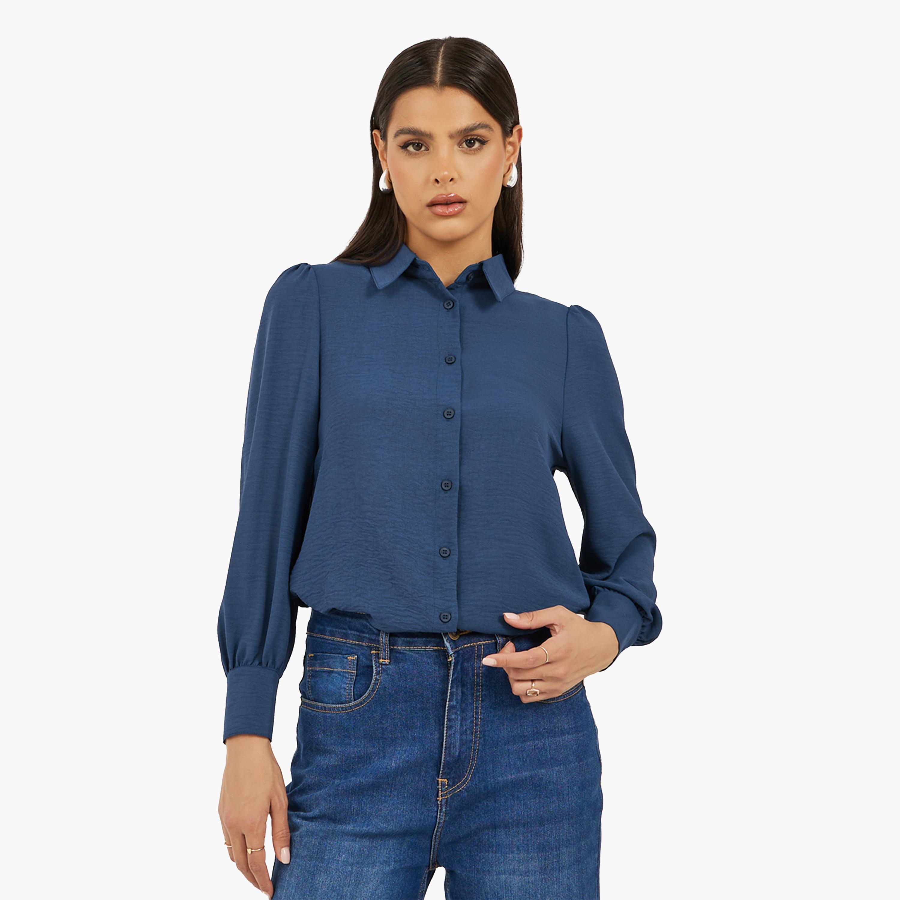 ستايلي - بلوزة سادة بأكمام طويلة - كحلي-women-clothing-shirtsandblouses-blouses-image-1