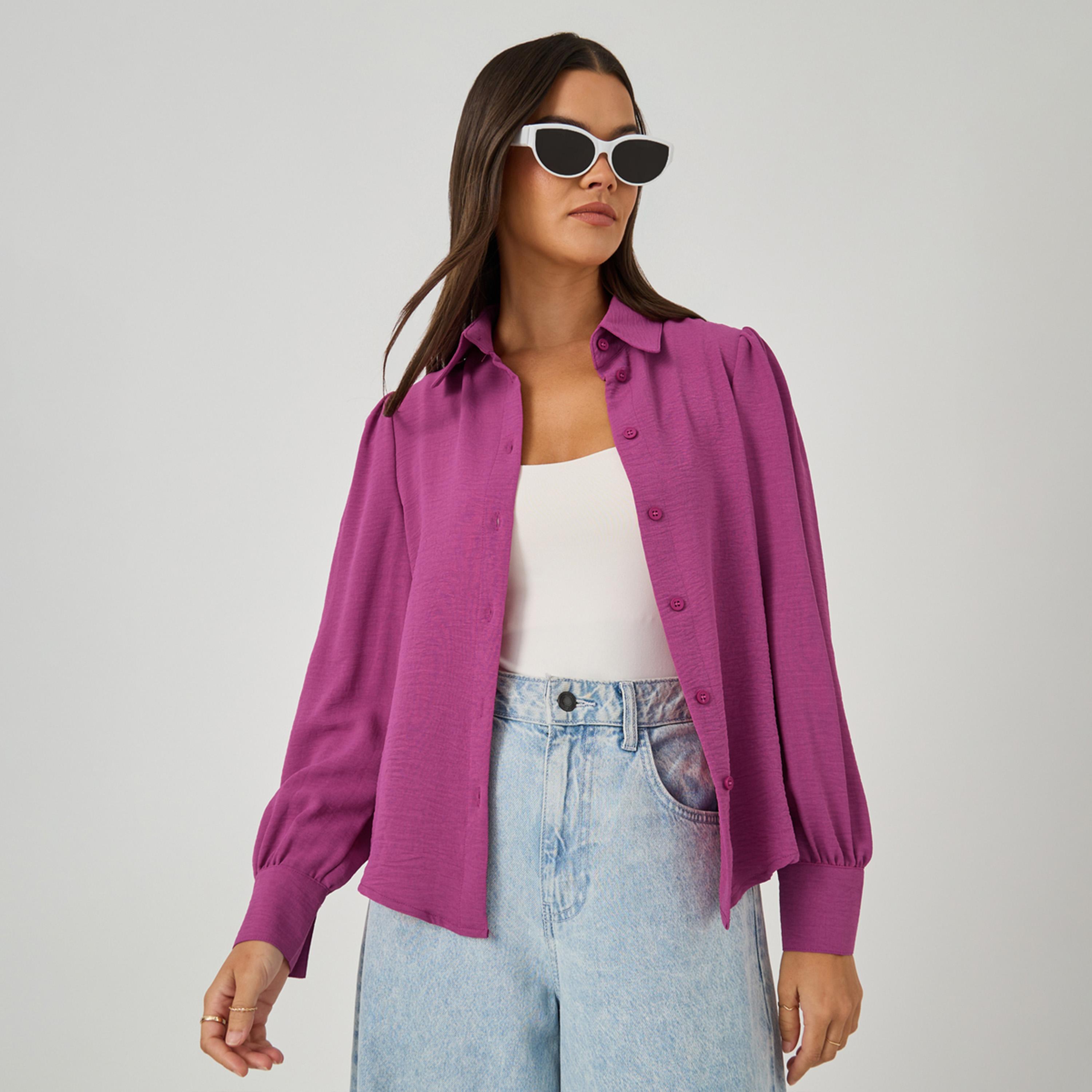 Styli Pink Solid Long Sleeve Blouse-women-clothing-shirtsandblouses-blouses-image-1