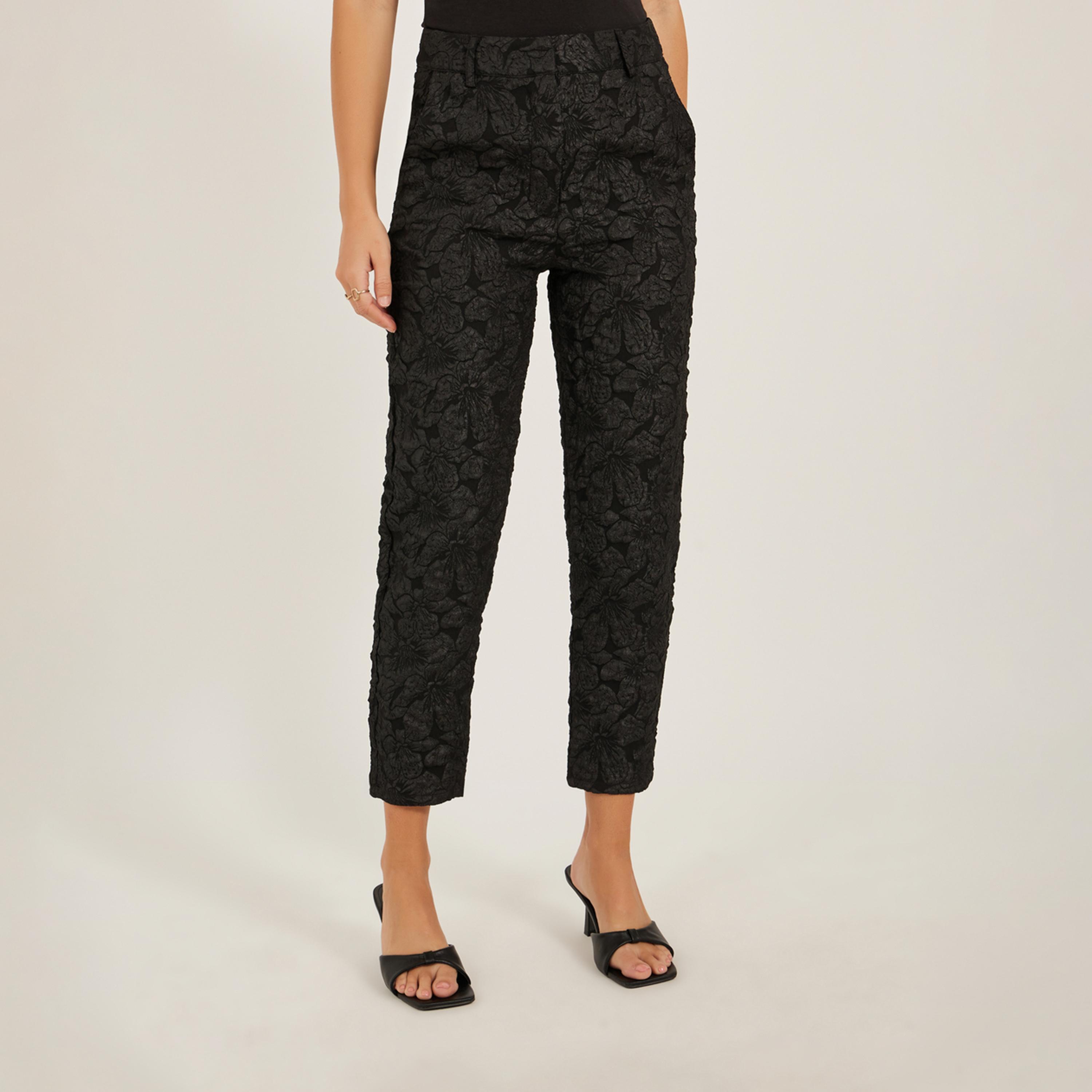 ستايلي - بنطال بخصر متوسط الارتفاع بقصة ساق مدببة من الجاكار-women-clothing-bottoms-trousers-image-1