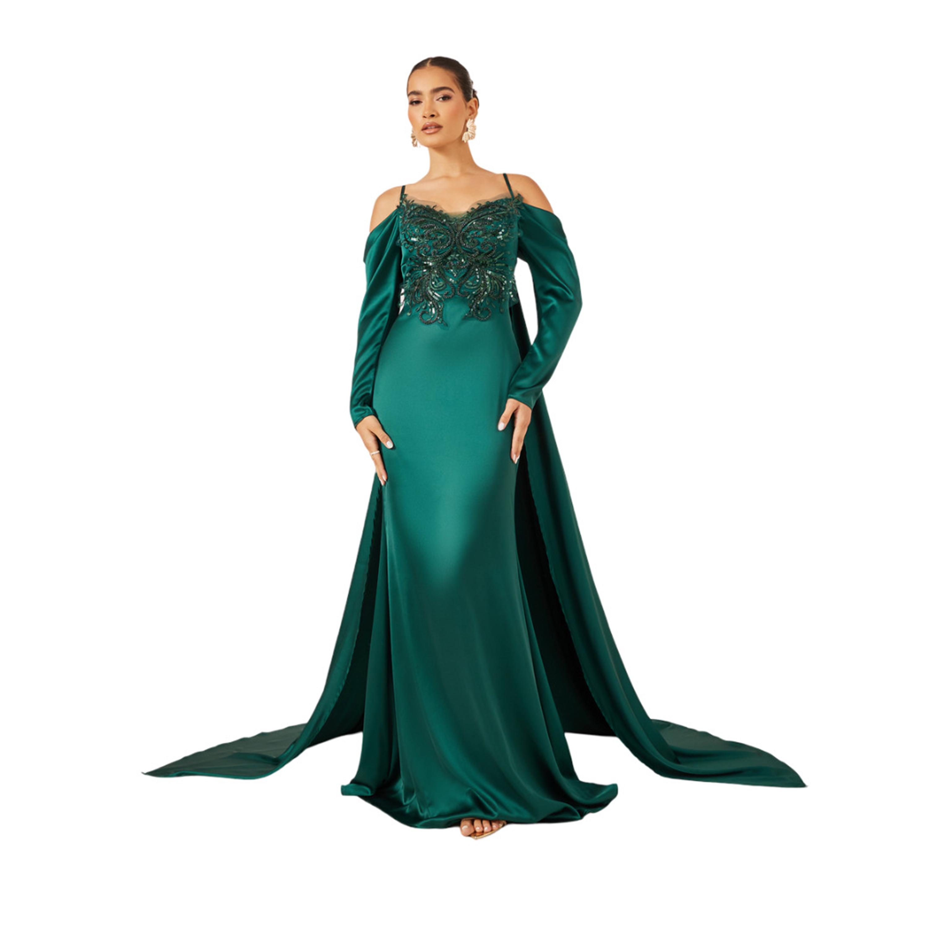 ستايلي - فستان ماكسي مزين بكتف مكشوف وأكمام طويلة وقصة A-women-clothing-dresses-image-1