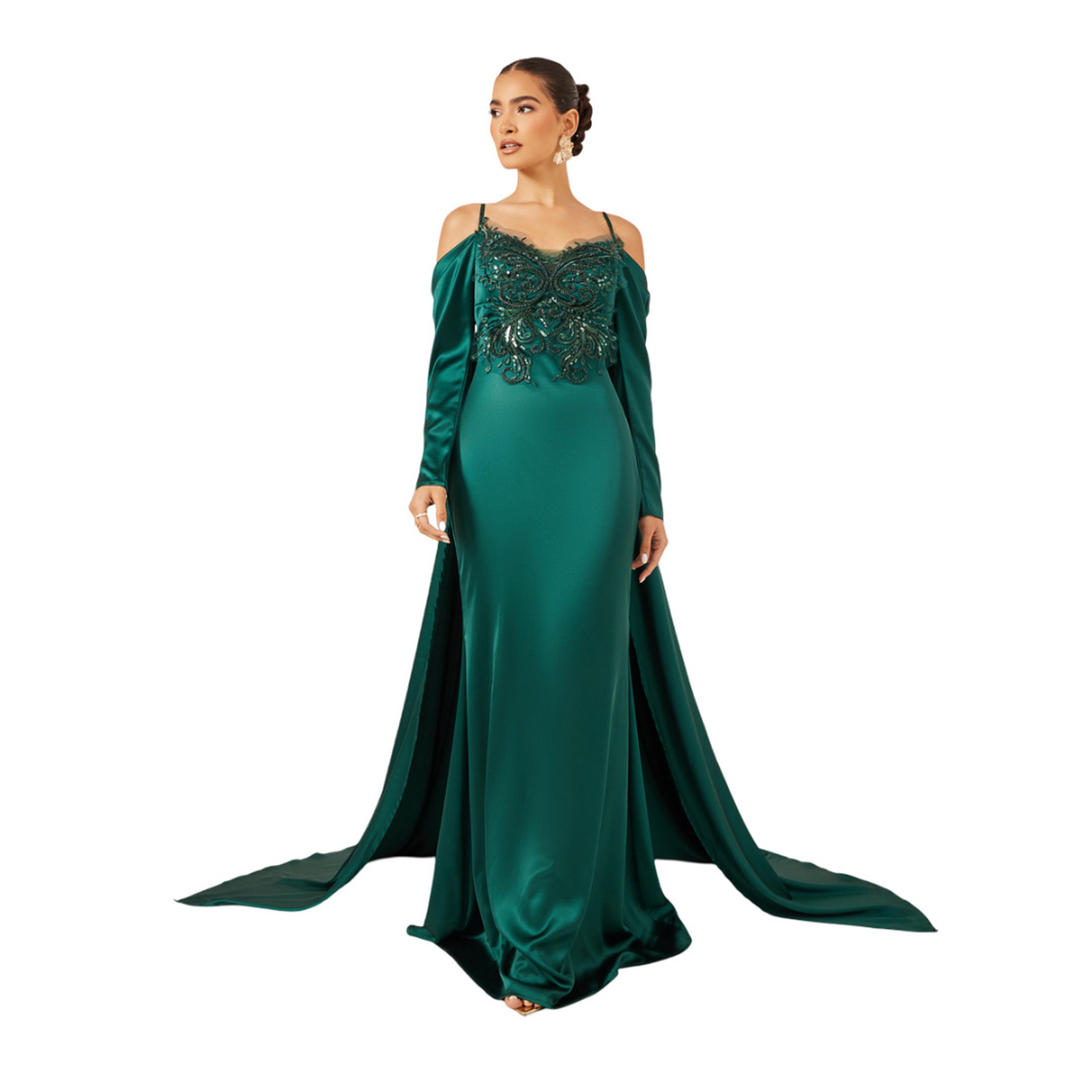 ستايلي - فستان ماكسي مزين بكتف مكشوف وأكمام طويلة وقصة A-women-clothing-dresses-image-2