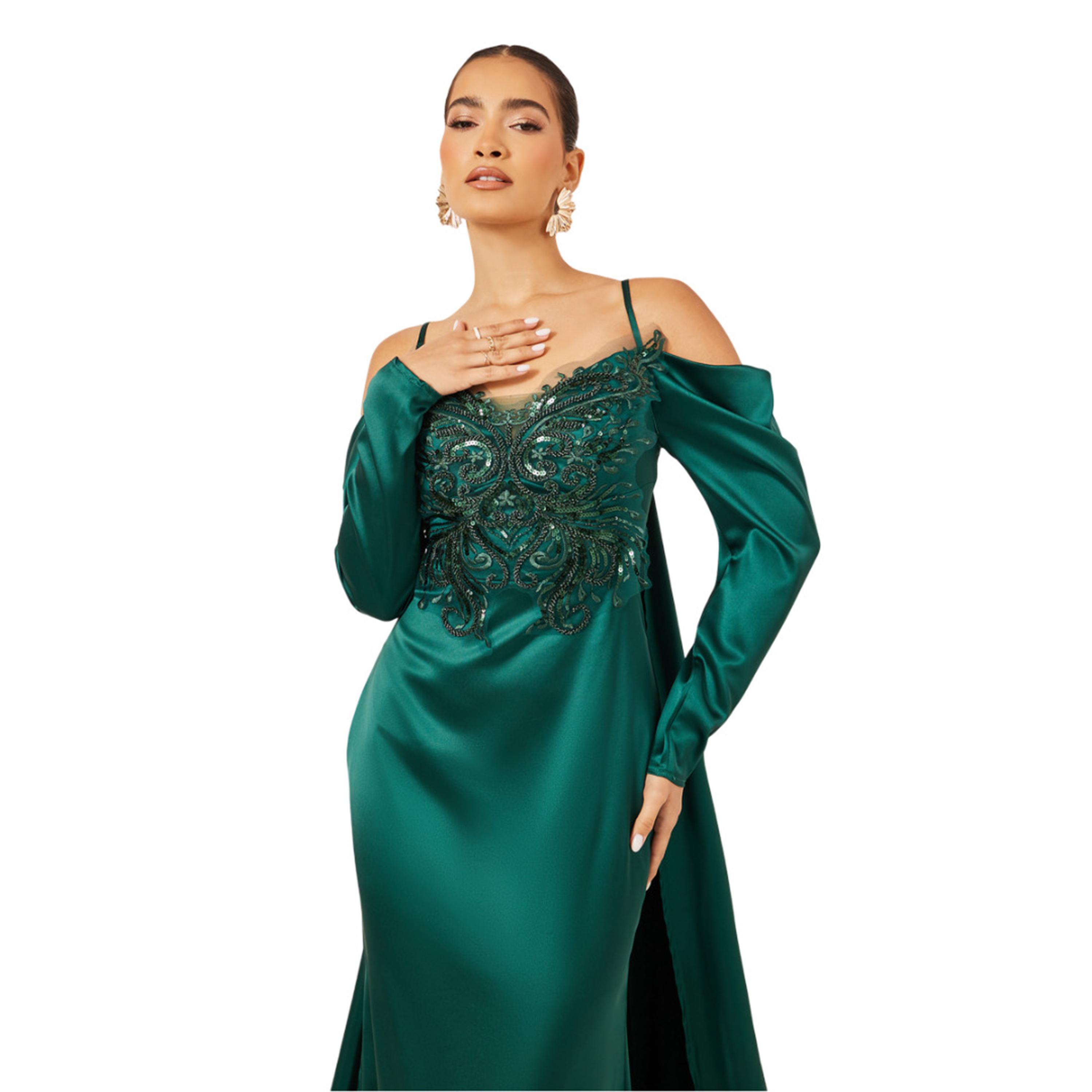 ستايلي - فستان ماكسي مزين بكتف مكشوف وأكمام طويلة وقصة A-women-clothing-dresses-image-3