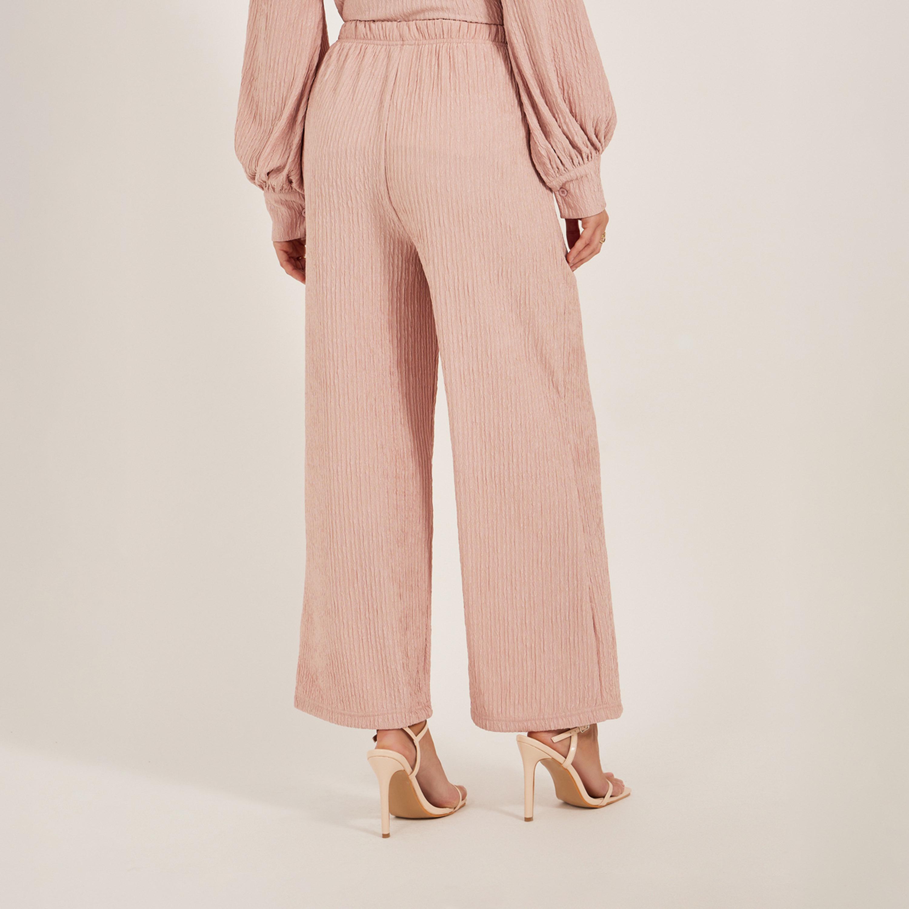 Styli Textured Mid Rise Wide Leg Pants with Elasticated Waistband-women-clothing-bottoms-trousers-image-4