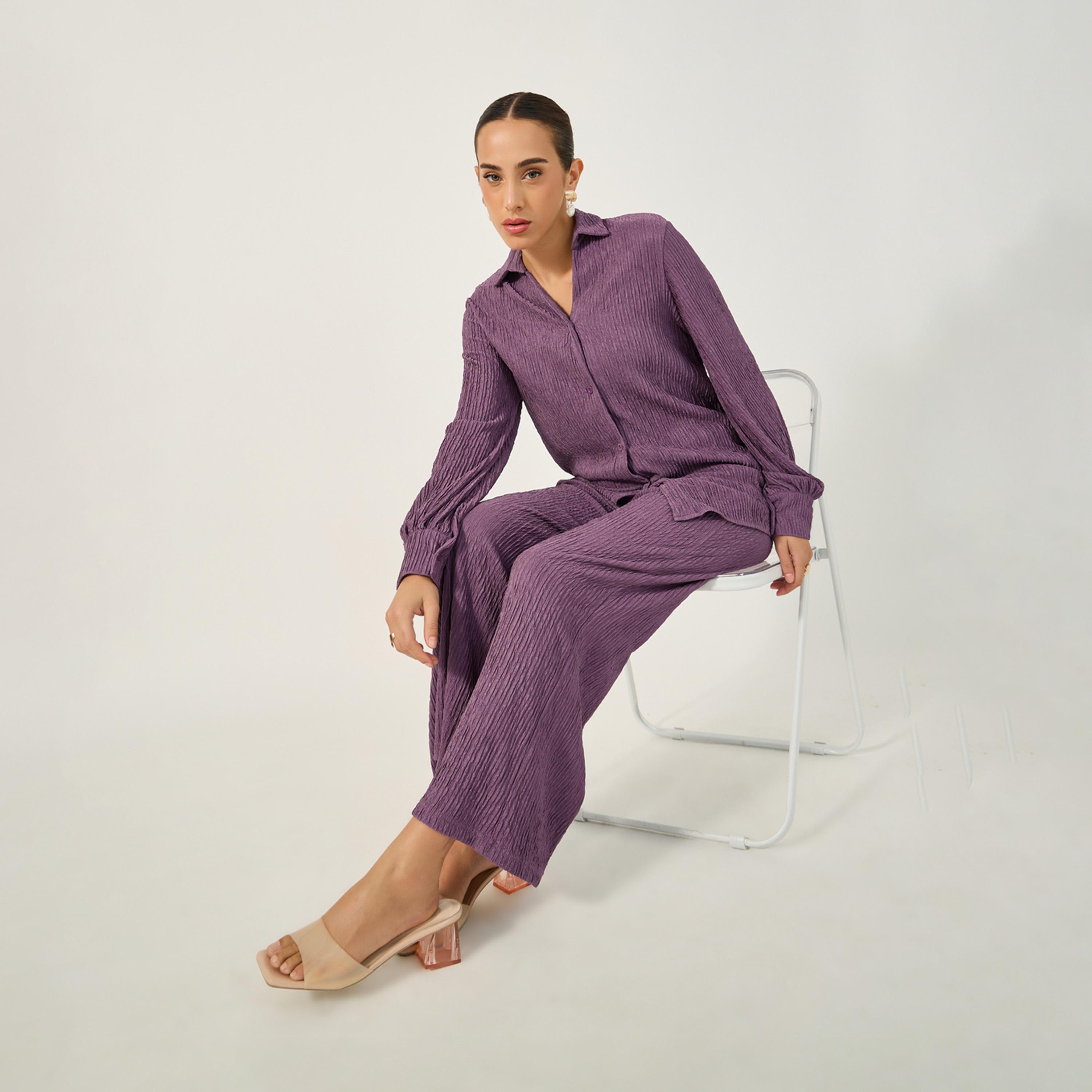 ستايلي - بنطال واسع الساق بخصر متوسط الارتفاع مع حزام خصر مطاطي-women-clothing-bottoms-trousers-image-1