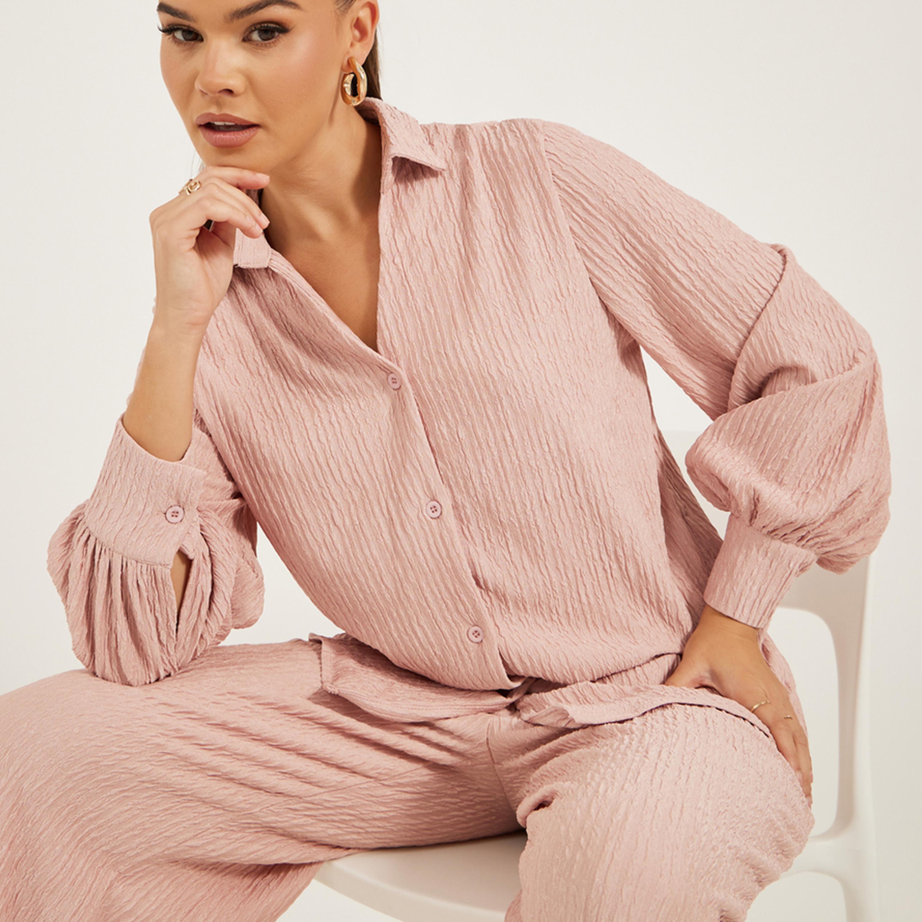 Styli Textured Balloon Sleeve Spread Collar Shirt-women-clothing-shirtsandblouses-shirts-image-2