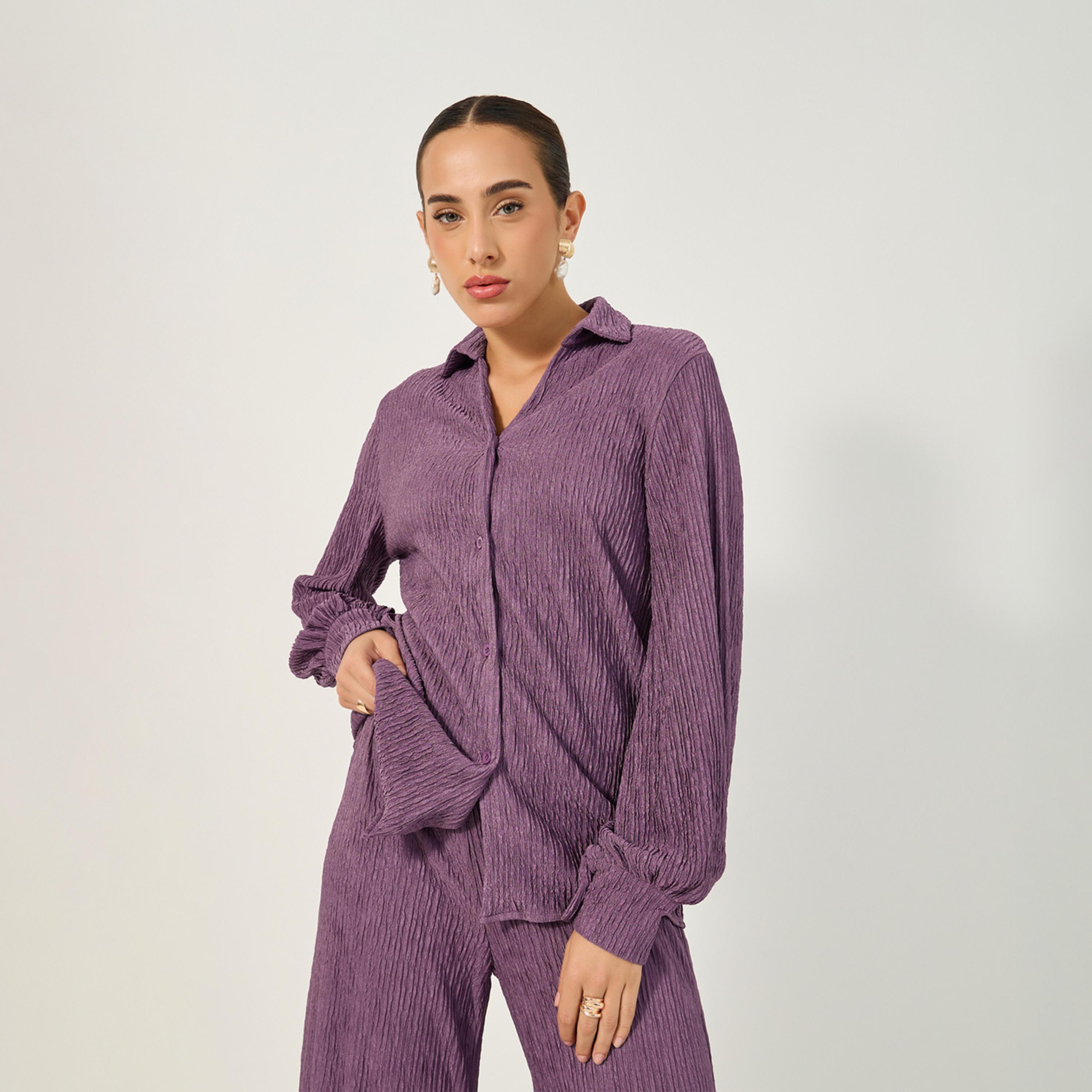 Styli Textured Balloon Sleeve Spread Collar Shirt-women-clothing-shirtsandblouses-shirts-image-1