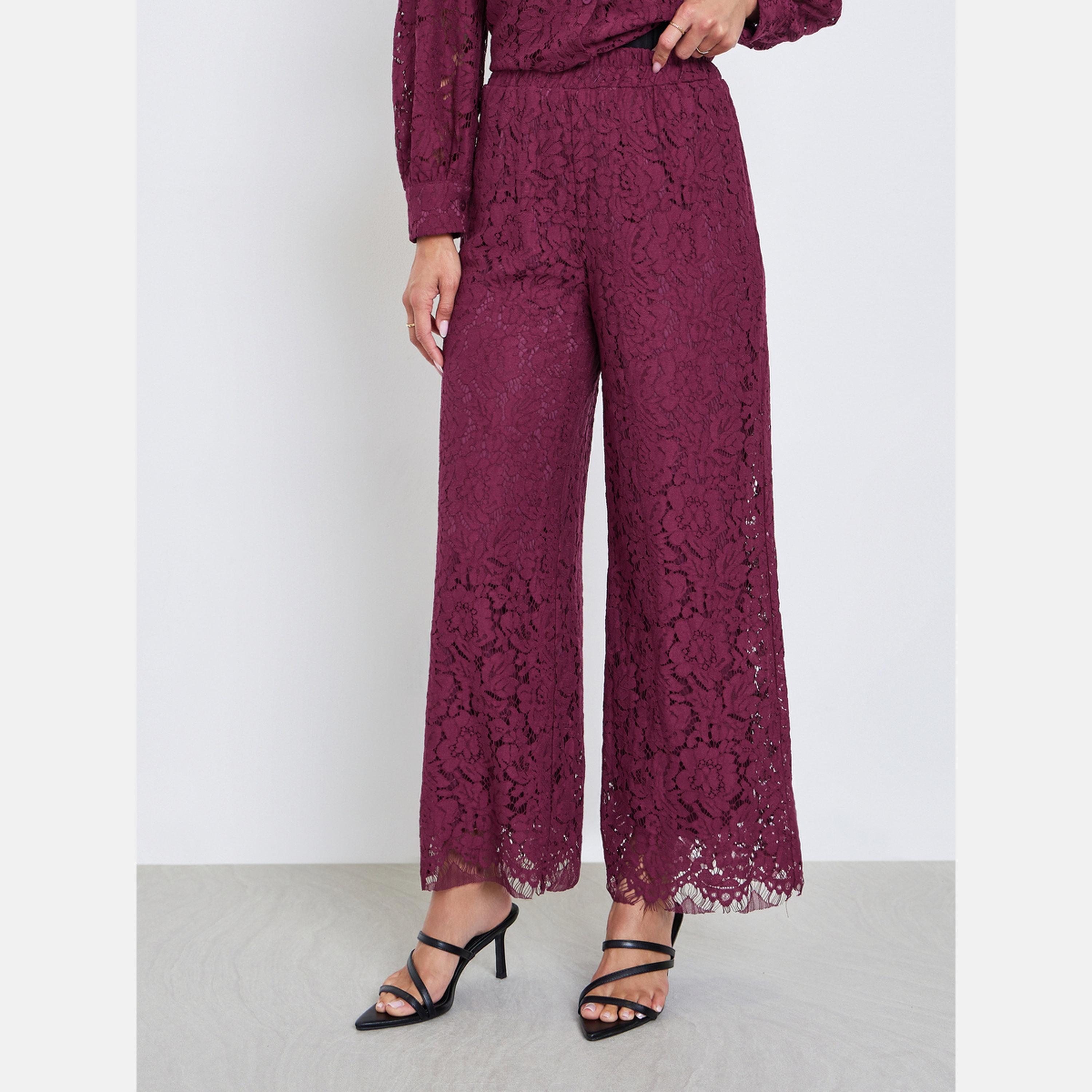 ستايلي - بنطال واسع الساق من الدانتيل باللون البرغندي-women-clothing-bottoms-trousers-image-1