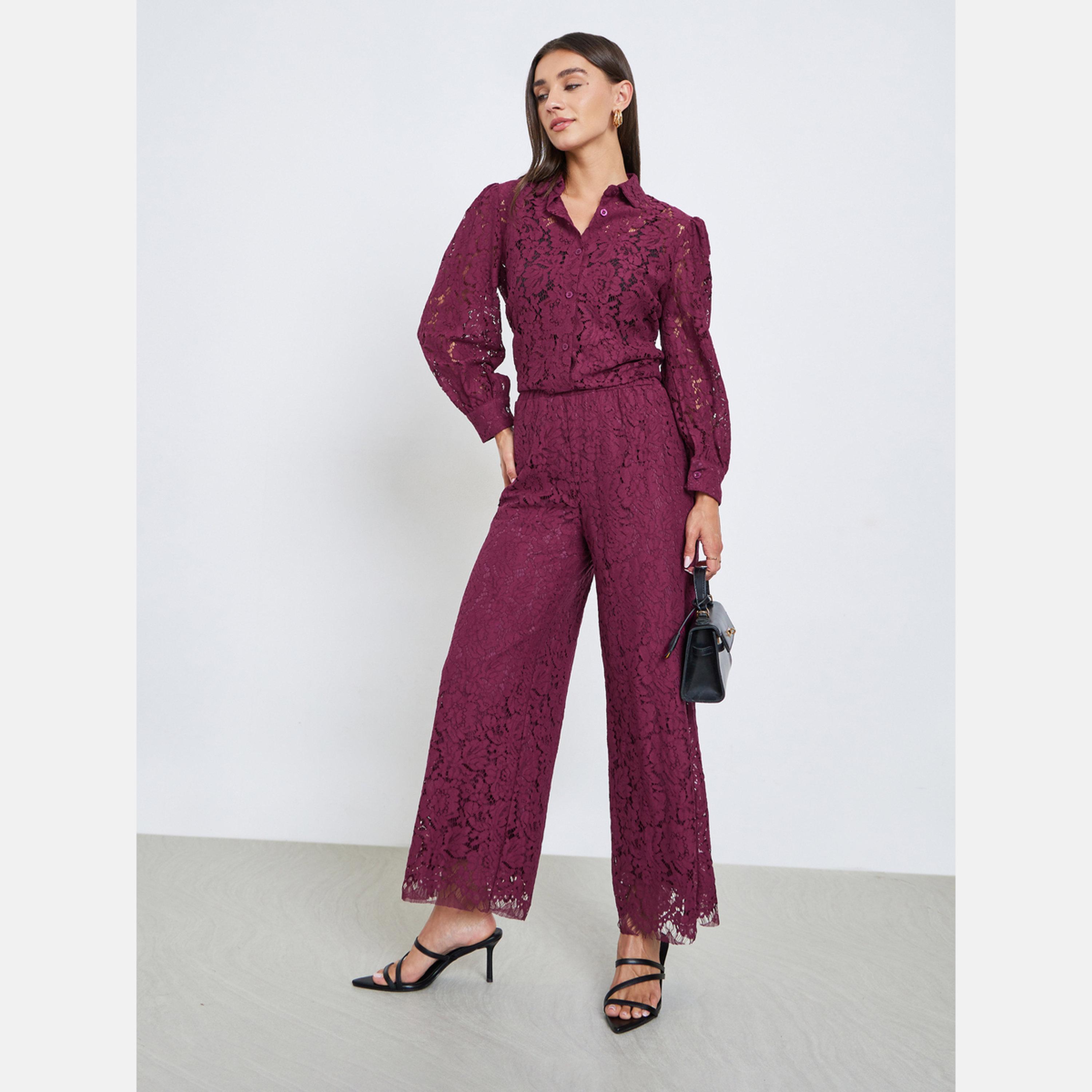 ستايلي - بنطال واسع الساق من الدانتيل باللون البرغندي-women-clothing-bottoms-trousers-image-2