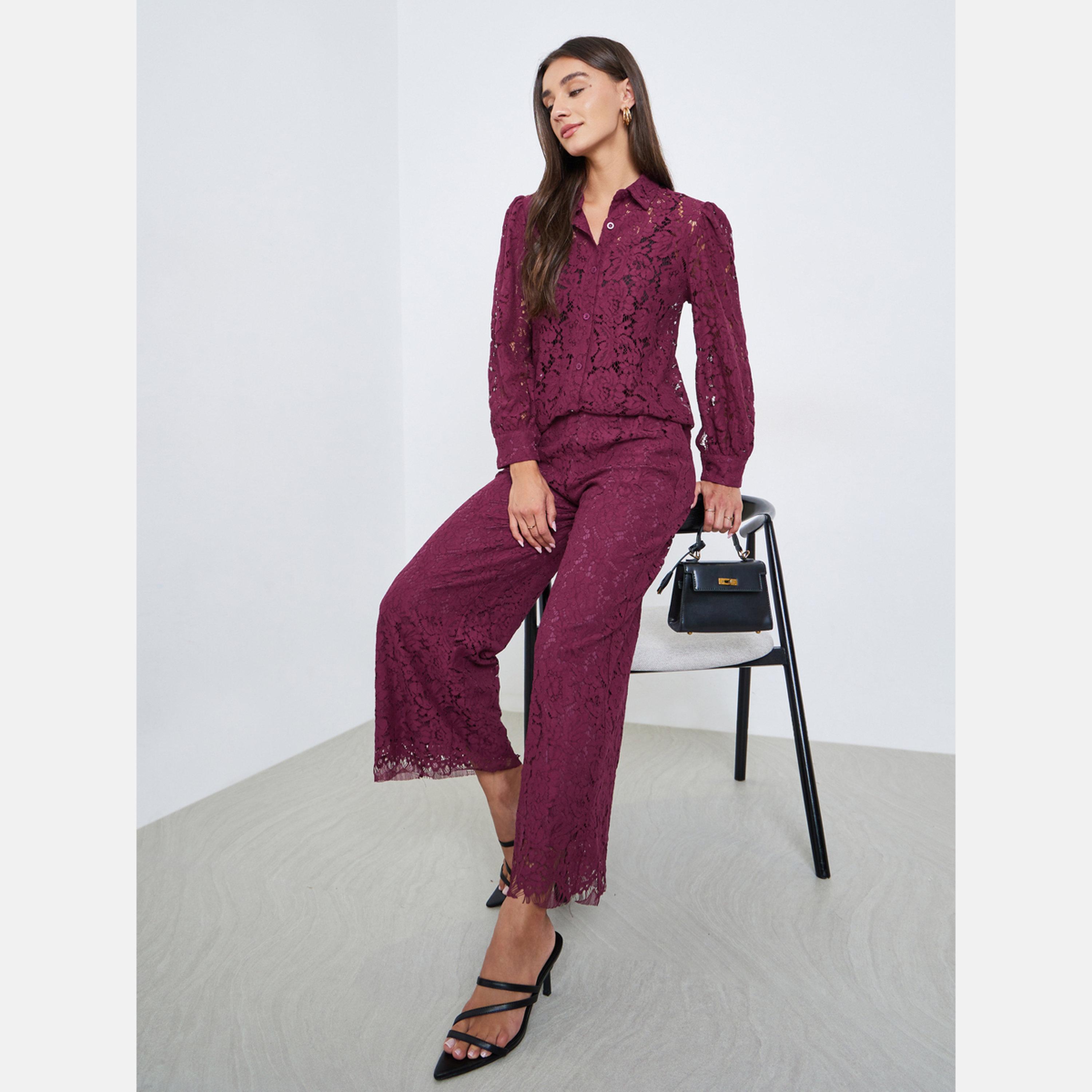 ستايلي - بنطال واسع الساق من الدانتيل باللون البرغندي-women-clothing-bottoms-trousers-image-3