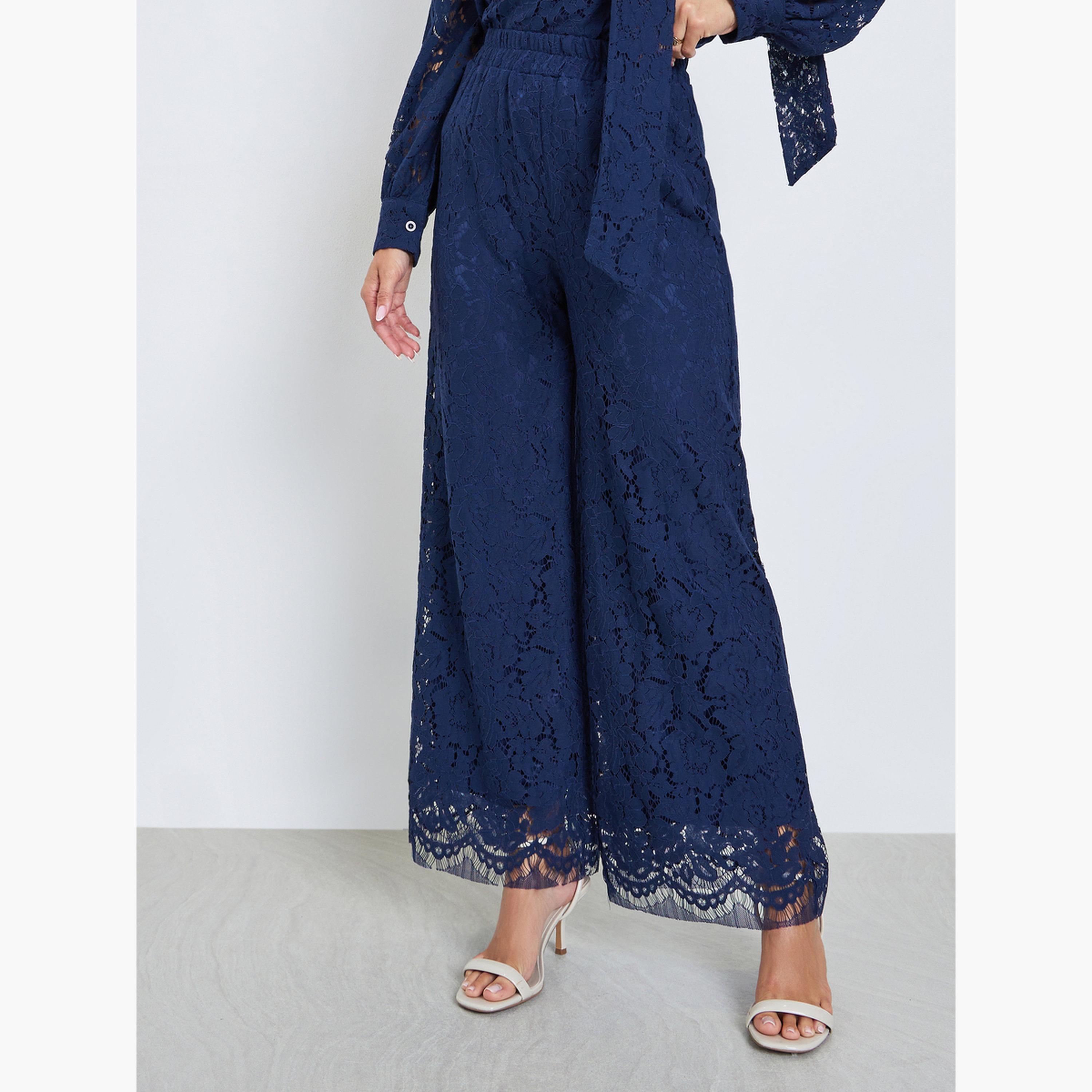 Styli Navy Blue Lace Wide Leg Pants-women-clothing-bottoms-trousers-image-1