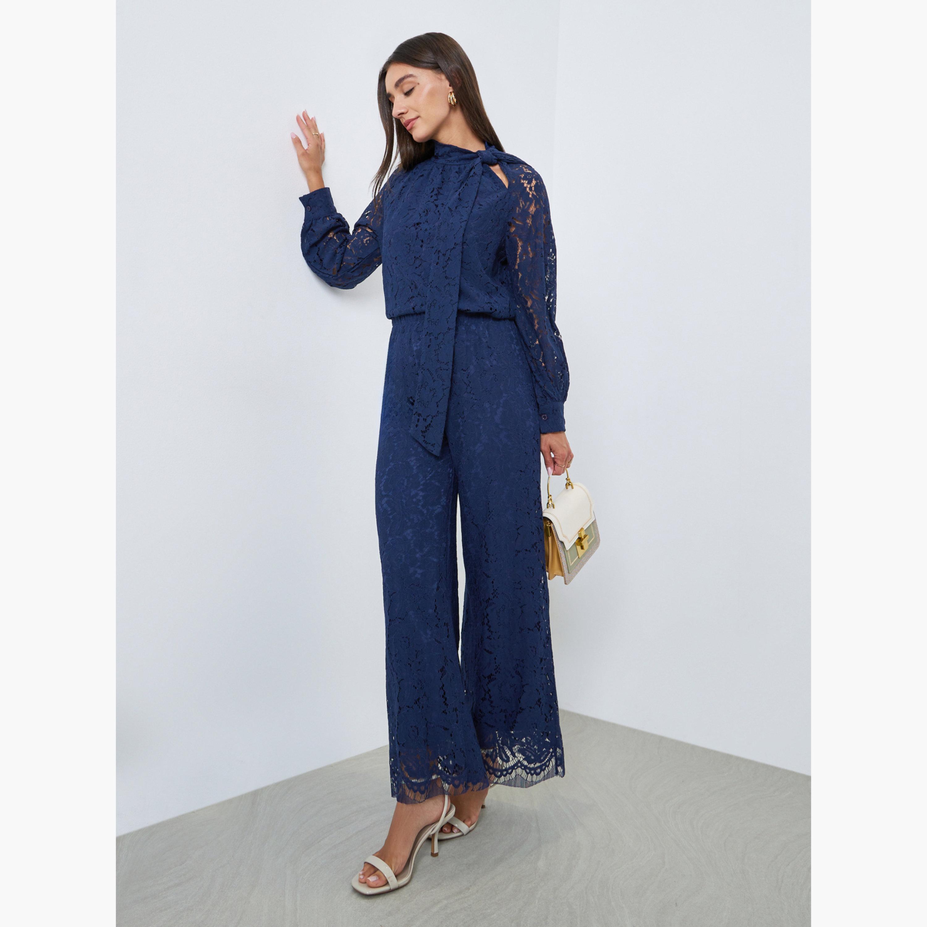 Styli Navy Blue Lace Wide Leg Pants-women-clothing-bottoms-trousers-image-2