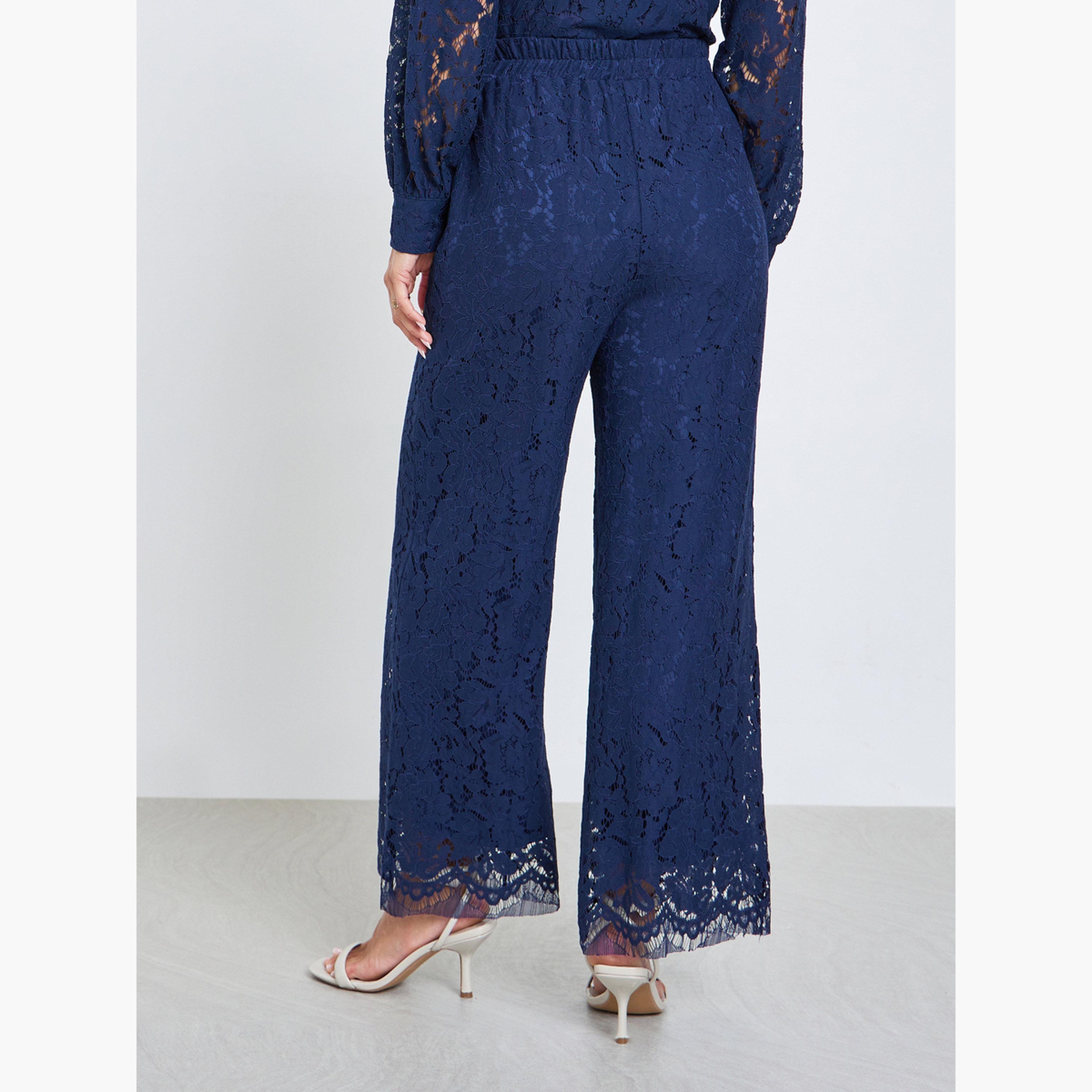 Styli Navy Blue Lace Wide Leg Pants-women-clothing-bottoms-trousers-image-4