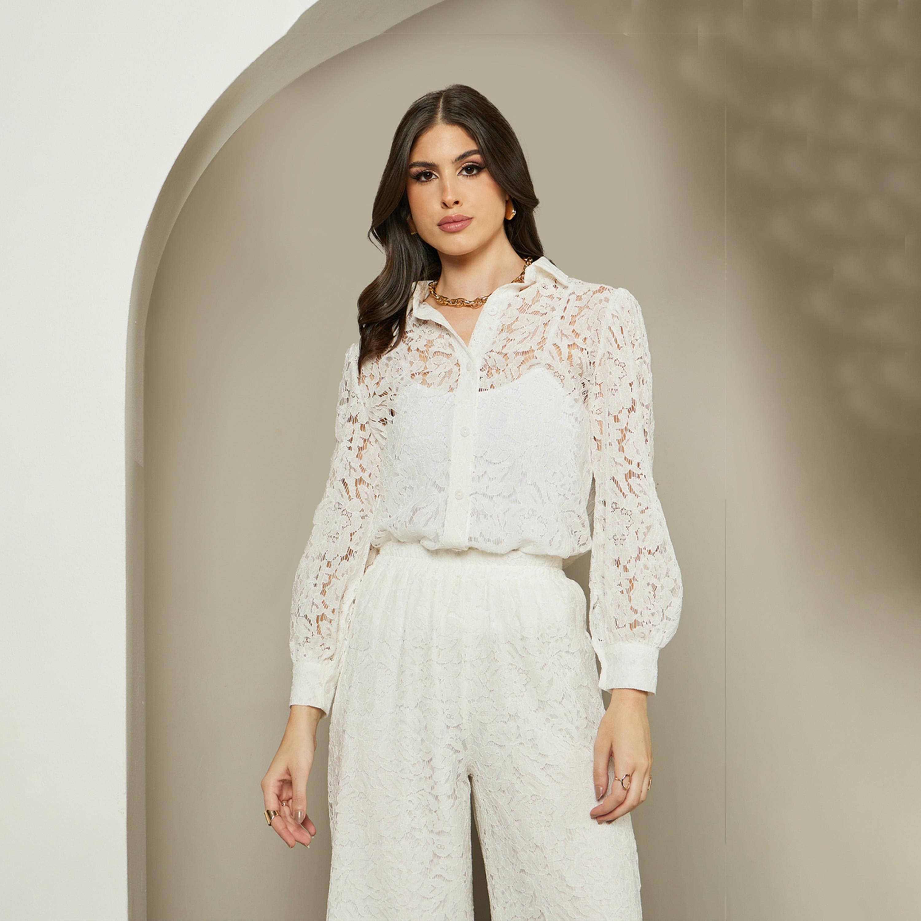 ستايلي - قميص من الدانتيل بأكمام منفوخة وياقة واسعة-women-clothing-shirtsandblouses-shirts-image-1