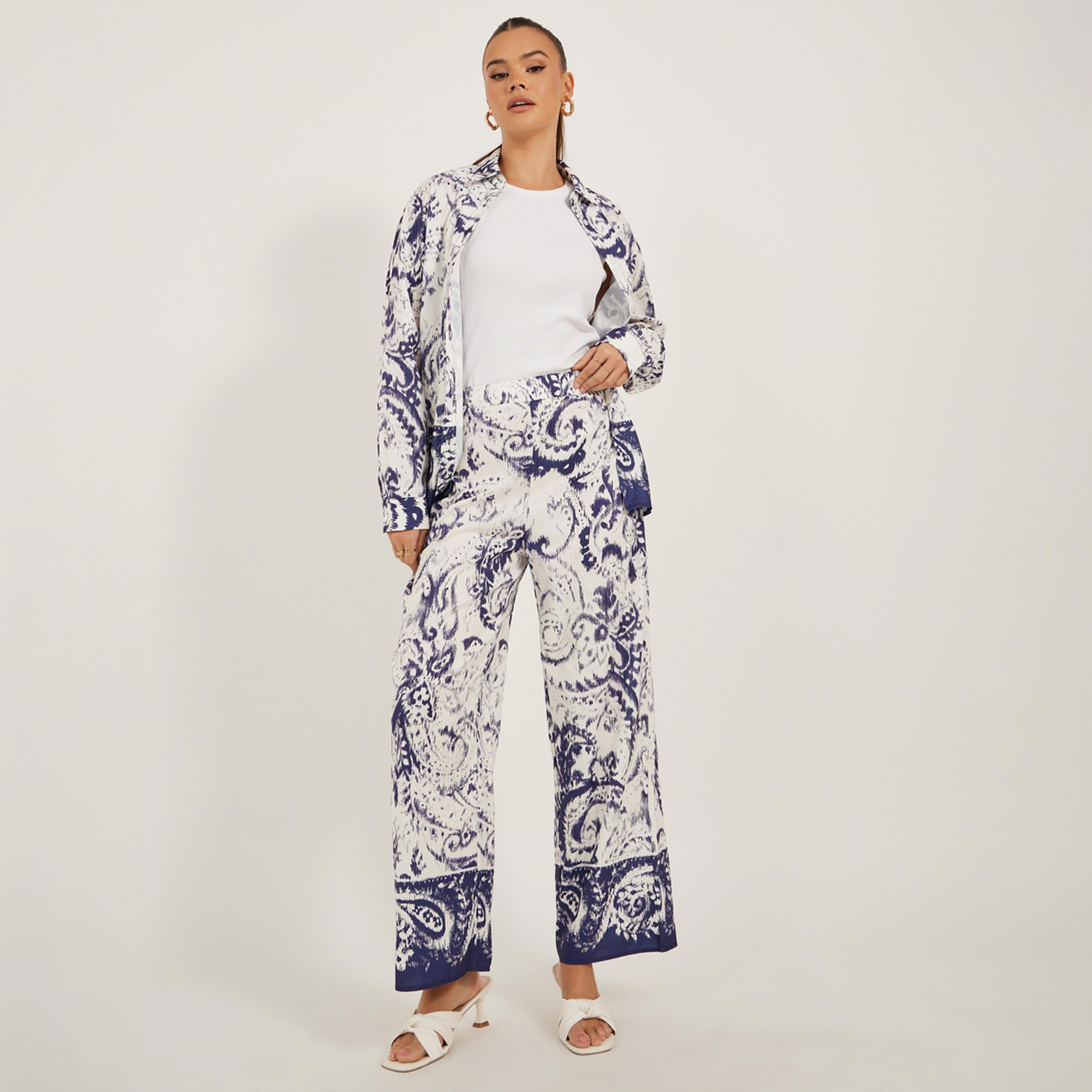 ستايلي - بنطال واسع الساق بطباعة كاملة وخصر متوسط الارتفاع-women-clothing-bottoms-trousers-image-1