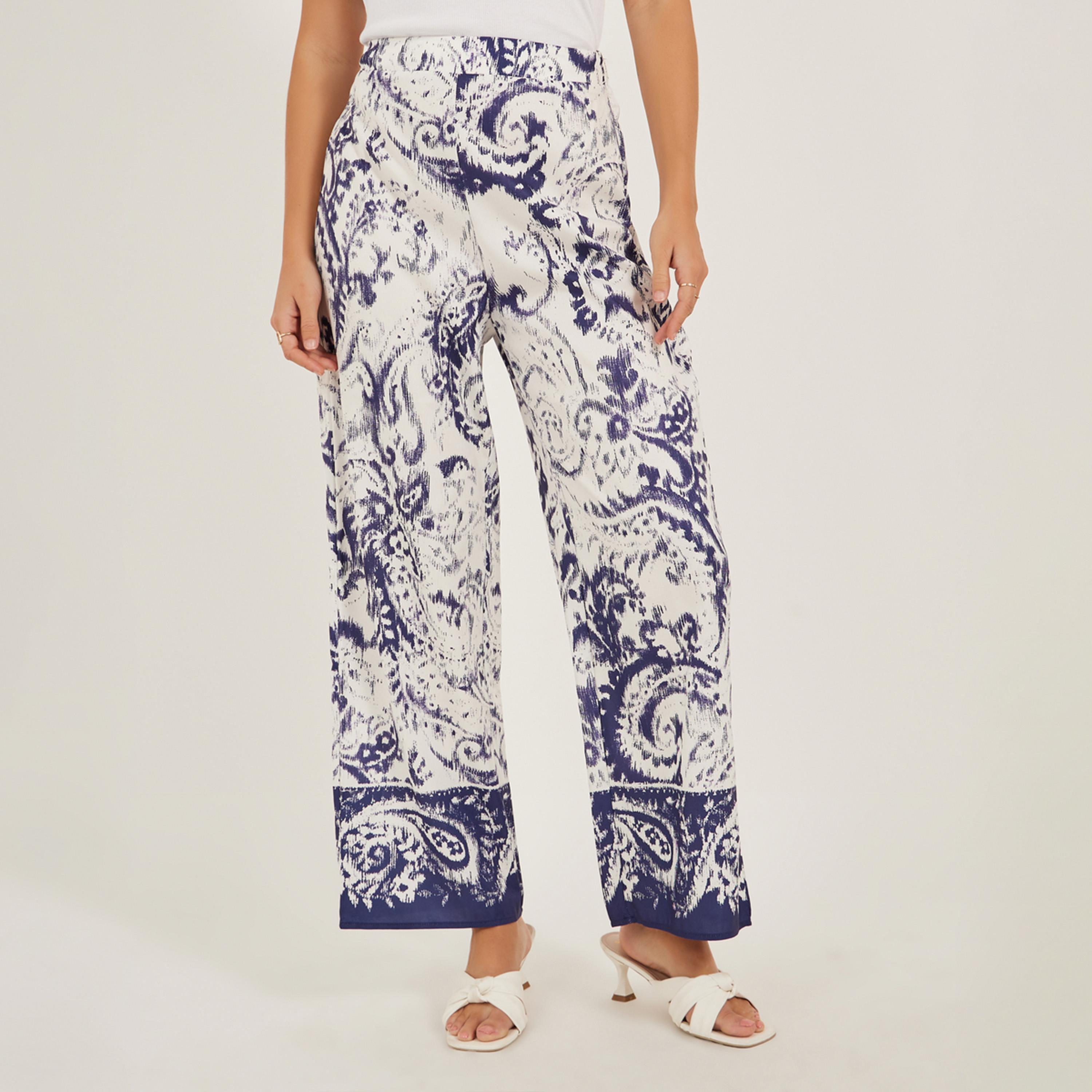 ستايلي - بنطال واسع الساق بطباعة كاملة وخصر متوسط الارتفاع-women-clothing-bottoms-trousers-image-2