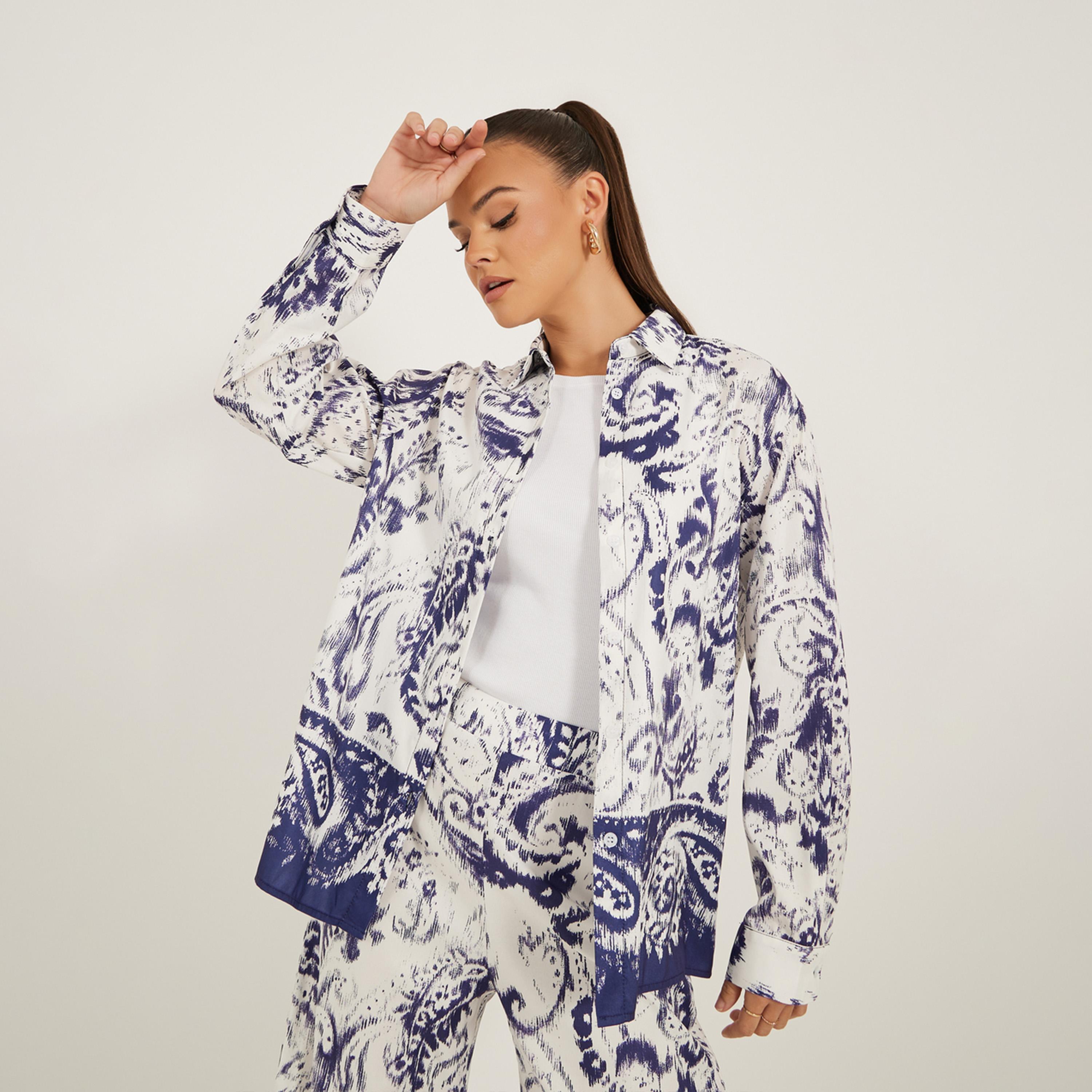 ستايلي - قميص بطبعة بيزلي وياقة واسعة وأكتاف منسدلة-women-clothing-shirtsandblouses-shirts-image-1