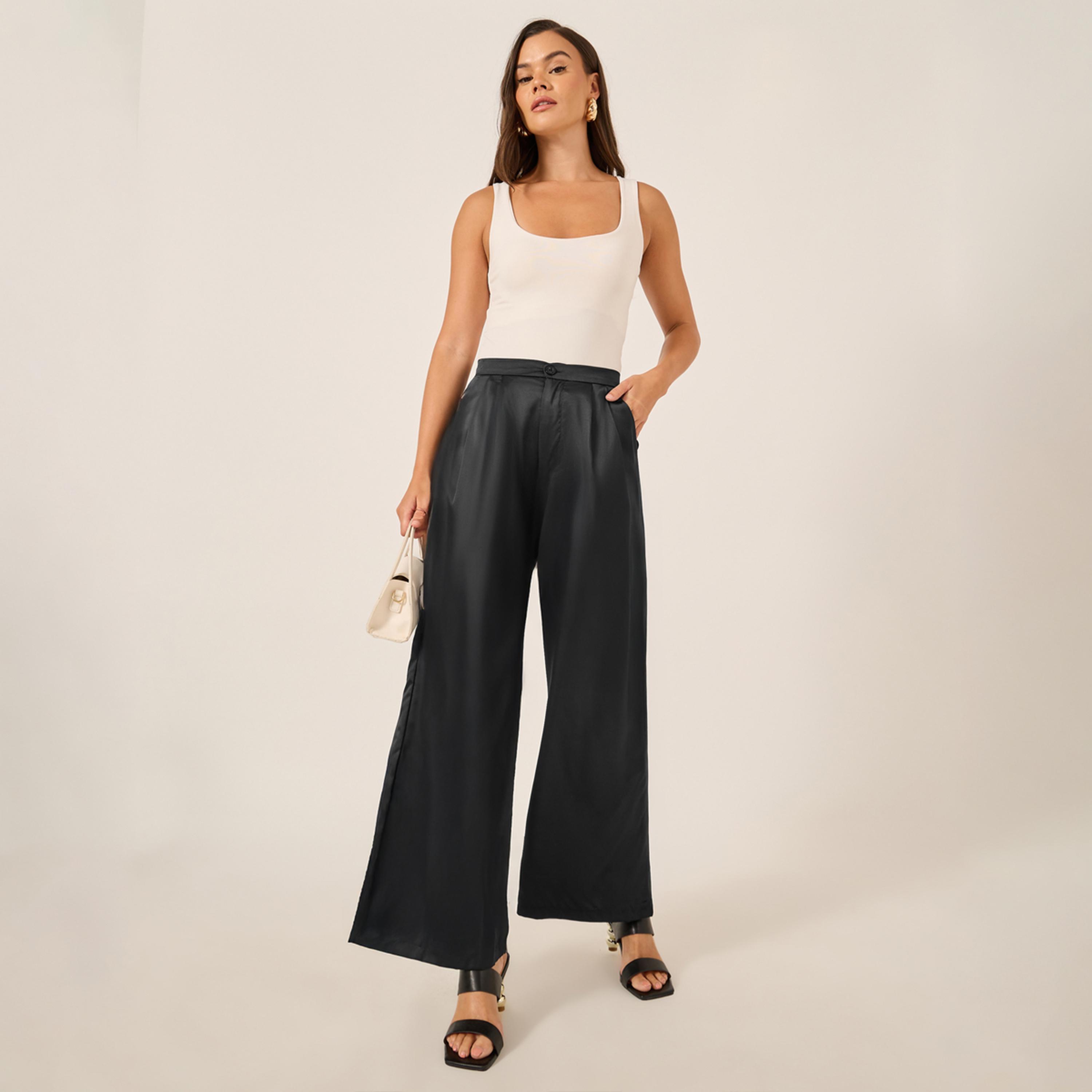 ستايلي - بنطال ساتان واسع الساق متوسط الارتفاع-women-clothing-bottoms-trousers-image-2