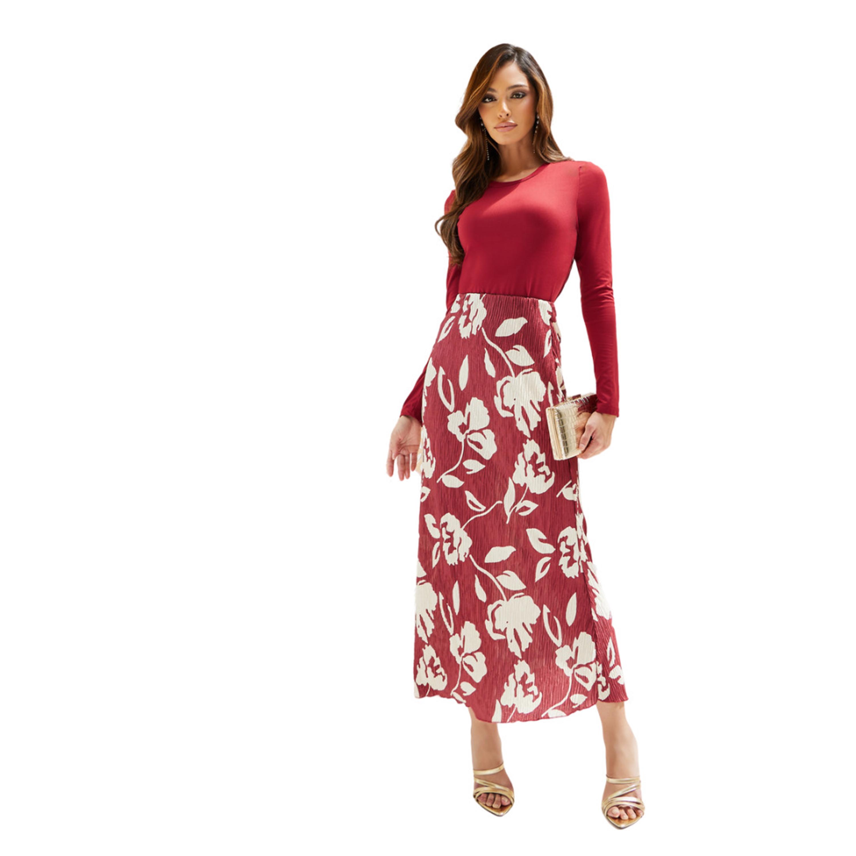 ستايلي - بلوزة بأكمام طويلة مع تنورة مطبوعة بالزهور-women-clothing-coordsets-image-1