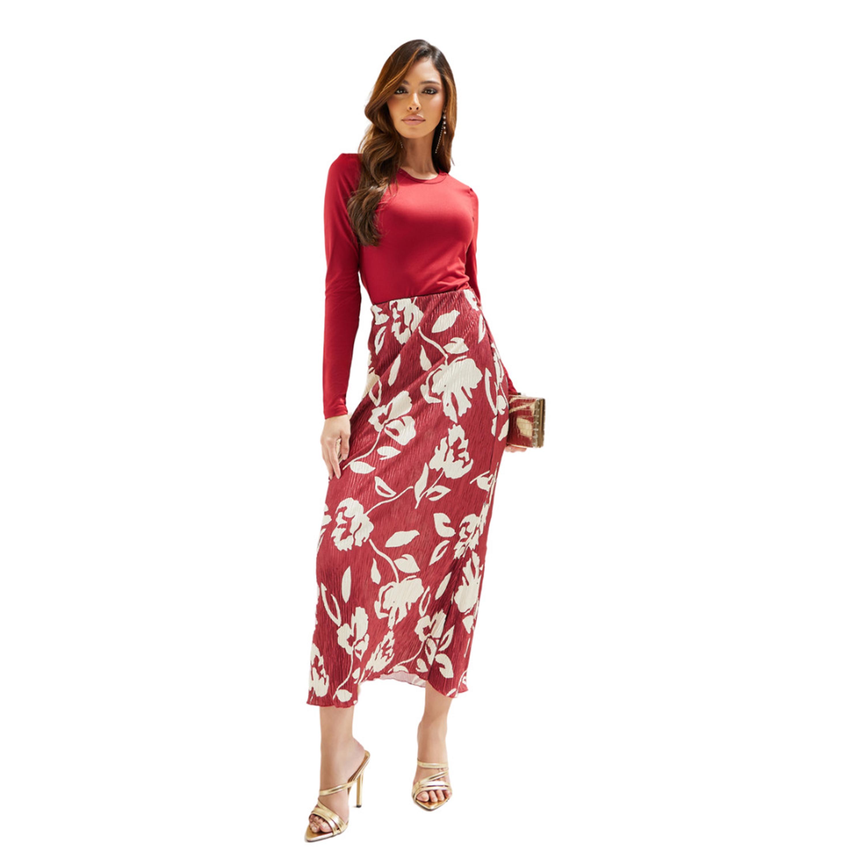 ستايلي - بلوزة بأكمام طويلة مع تنورة مطبوعة بالزهور-women-clothing-coordsets-image-2