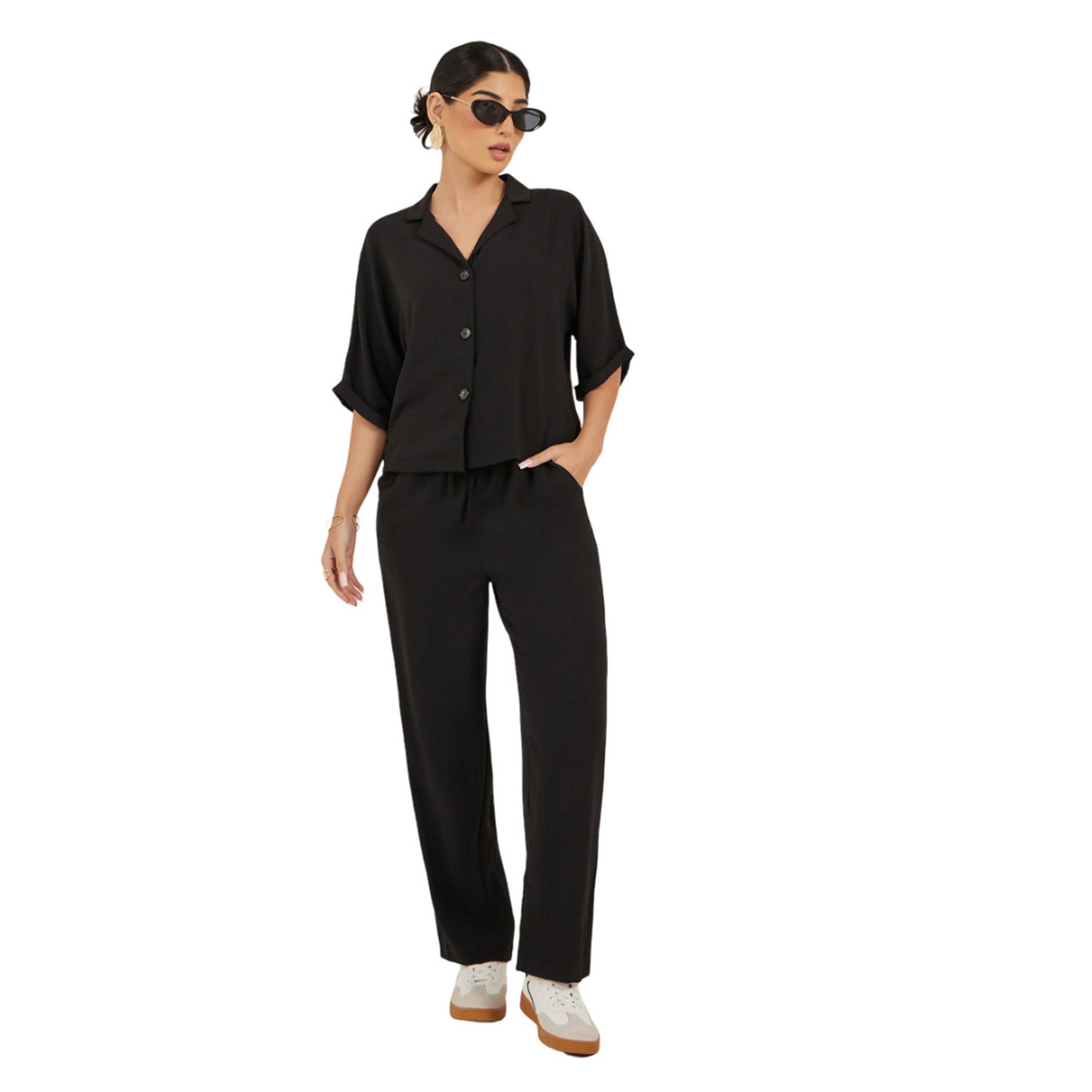 ستايلي -  قميص نسائي أسود سادة بأزرار وبنطال بقصّة مستقيمة-women-clothing-coordsets-image-1