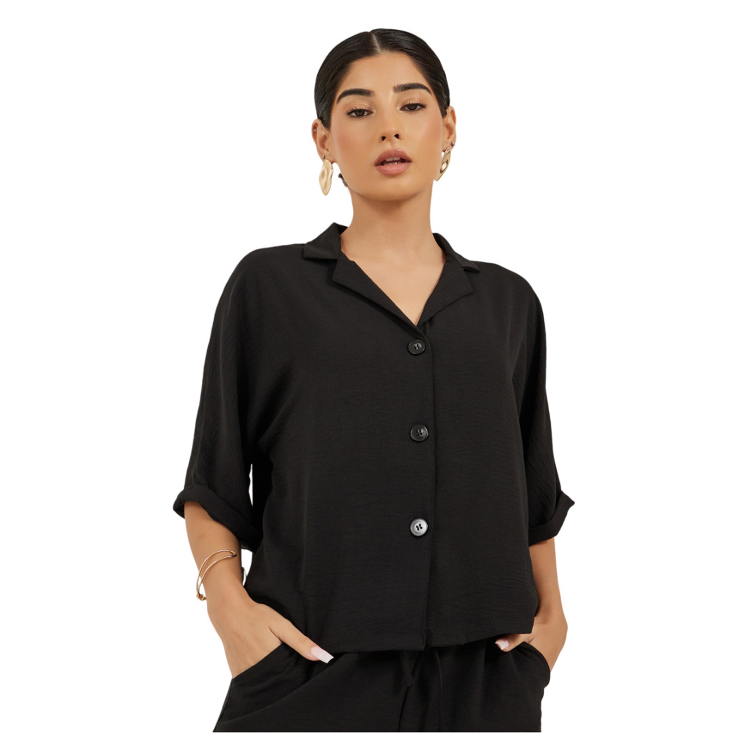 ستايلي -  قميص نسائي أسود سادة بأزرار وبنطال بقصّة مستقيمة-women-clothing-coordsets-image-2