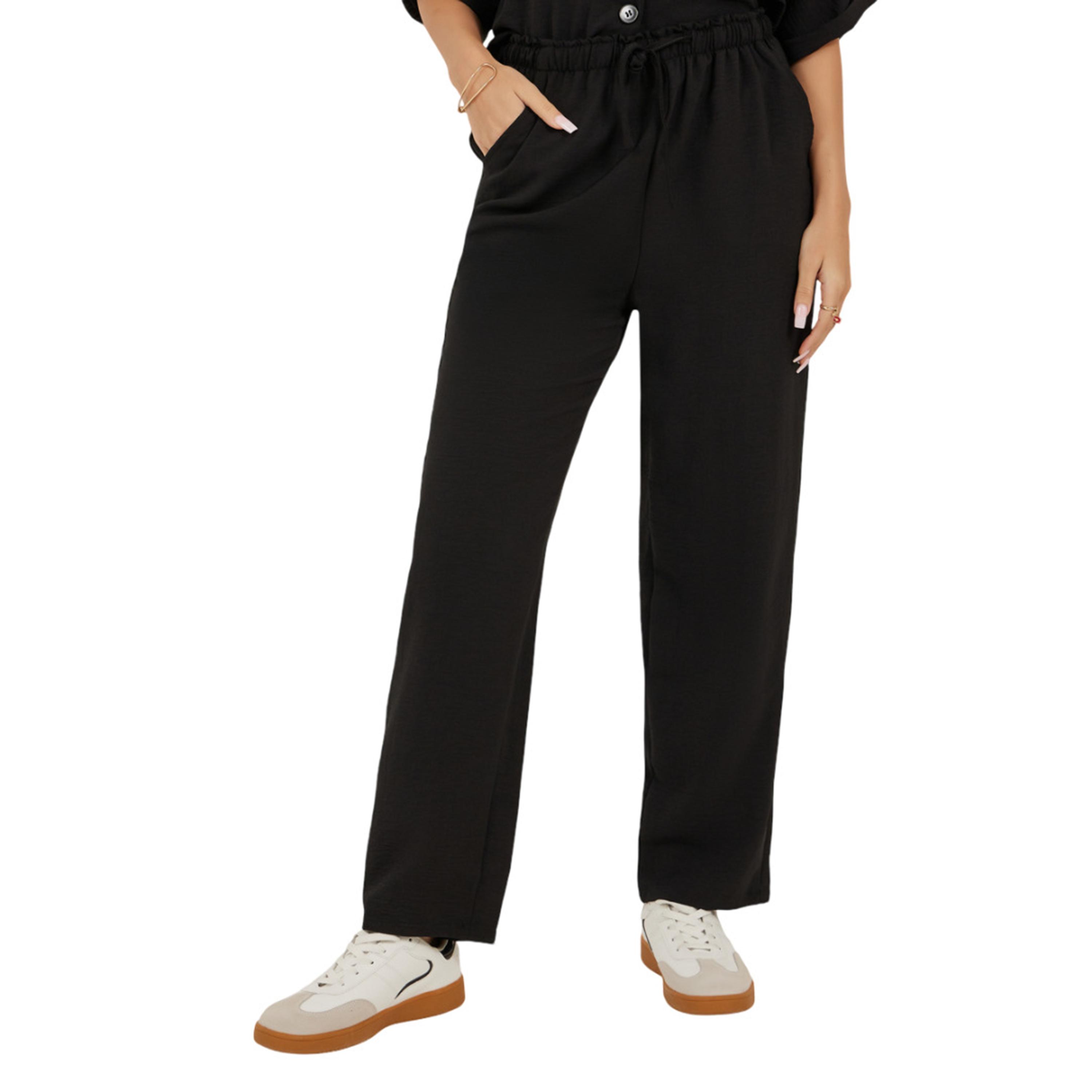 ستايلي -  قميص نسائي أسود سادة بأزرار وبنطال بقصّة مستقيمة-women-clothing-coordsets-image-4