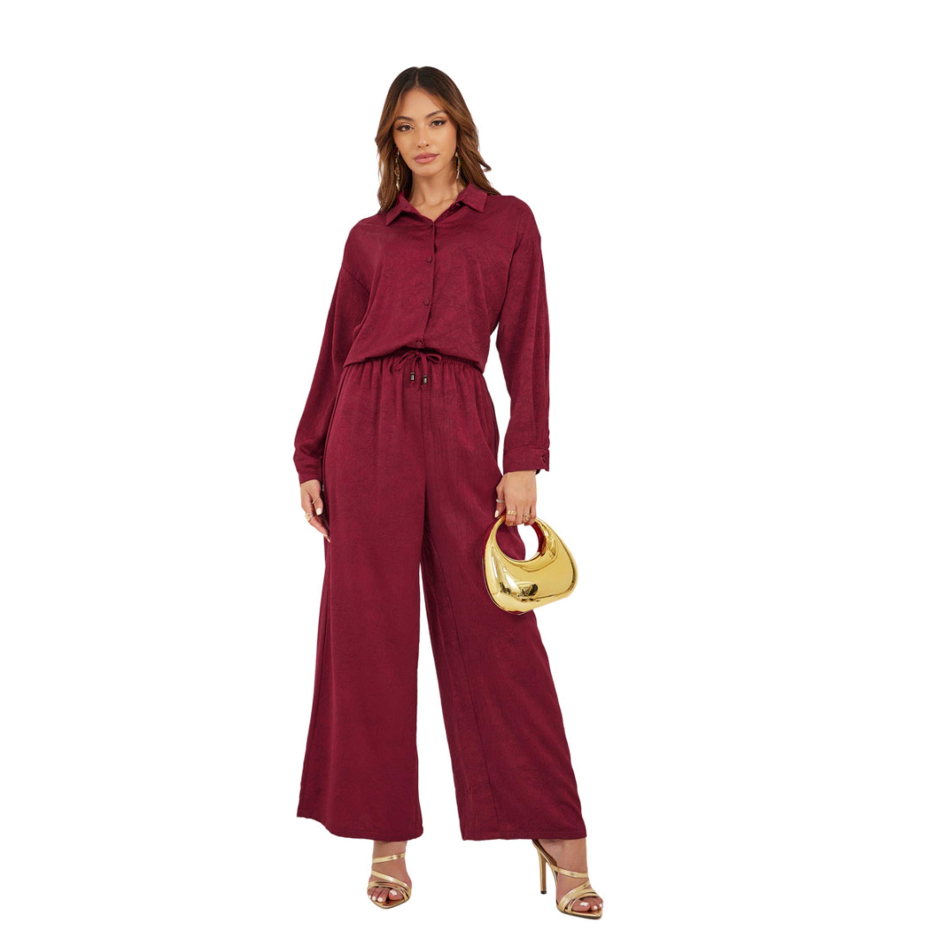 ستايلي -  قميص نسائي من الساتان المنسوج باللون العنابي مع بنطال ساق واسعة-women-clothing-coordsets-image-1