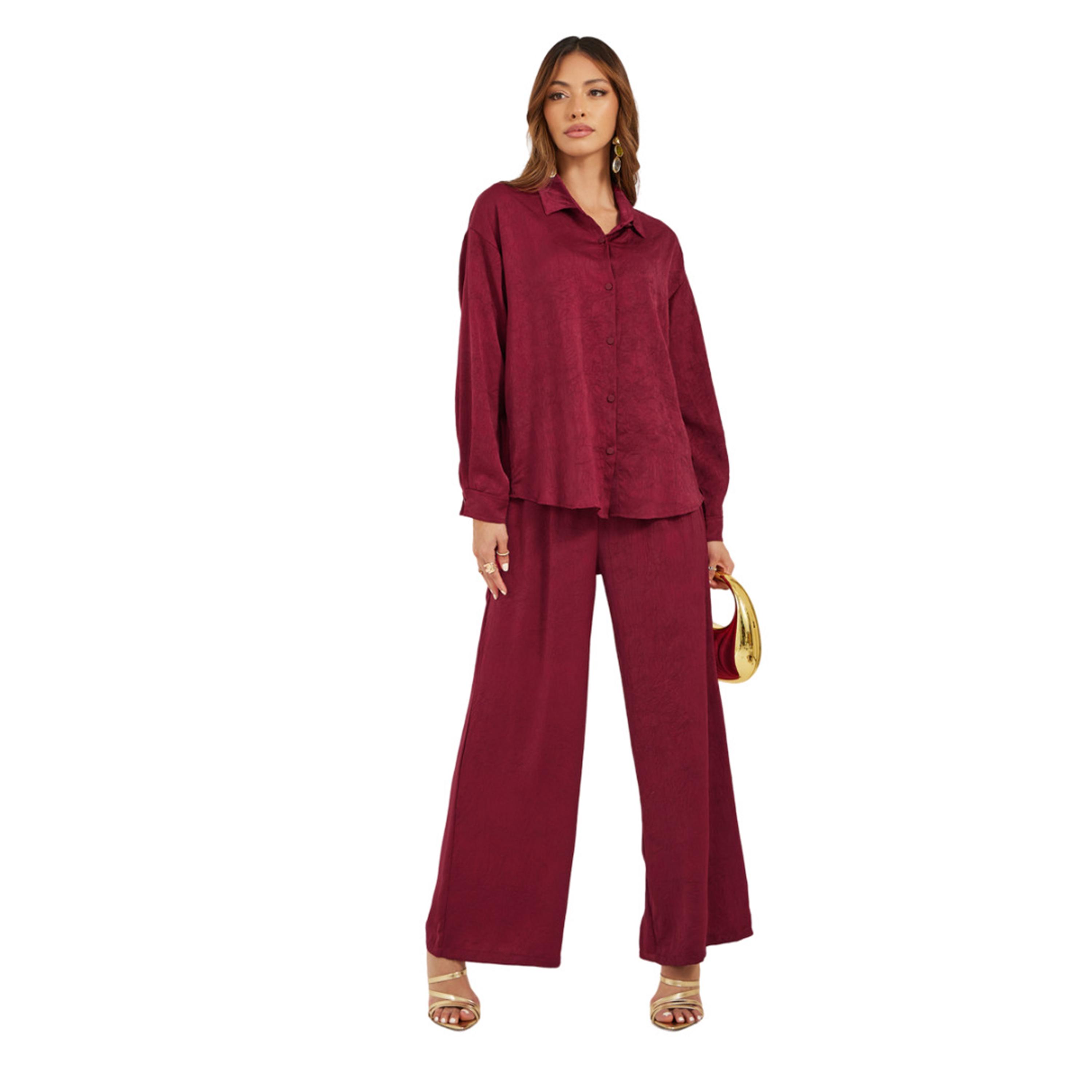 ستايلي -  قميص نسائي من الساتان المنسوج باللون العنابي مع بنطال ساق واسعة-women-clothing-coordsets-image-2
