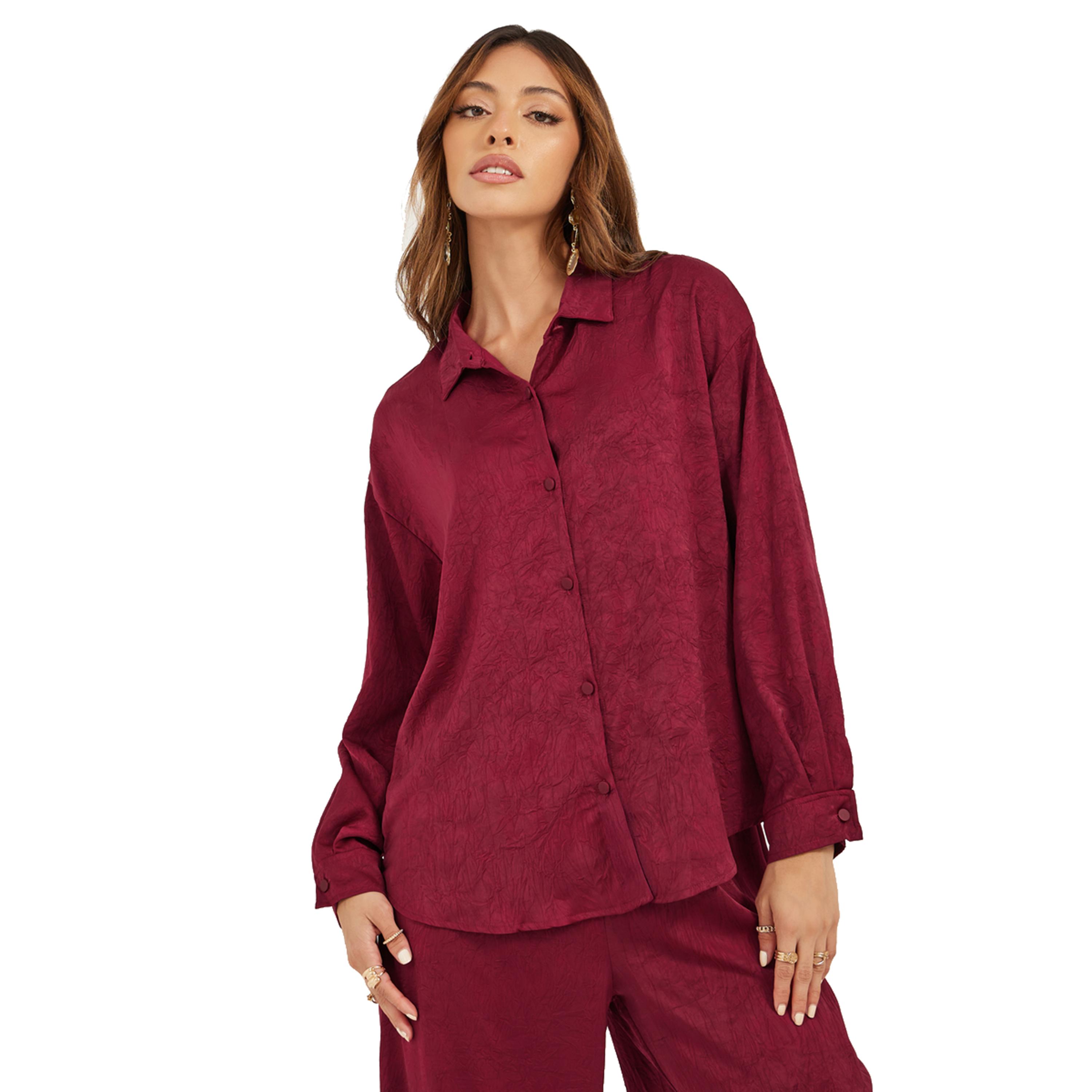 ستايلي -  قميص نسائي من الساتان المنسوج باللون العنابي مع بنطال ساق واسعة-women-clothing-coordsets-image-3