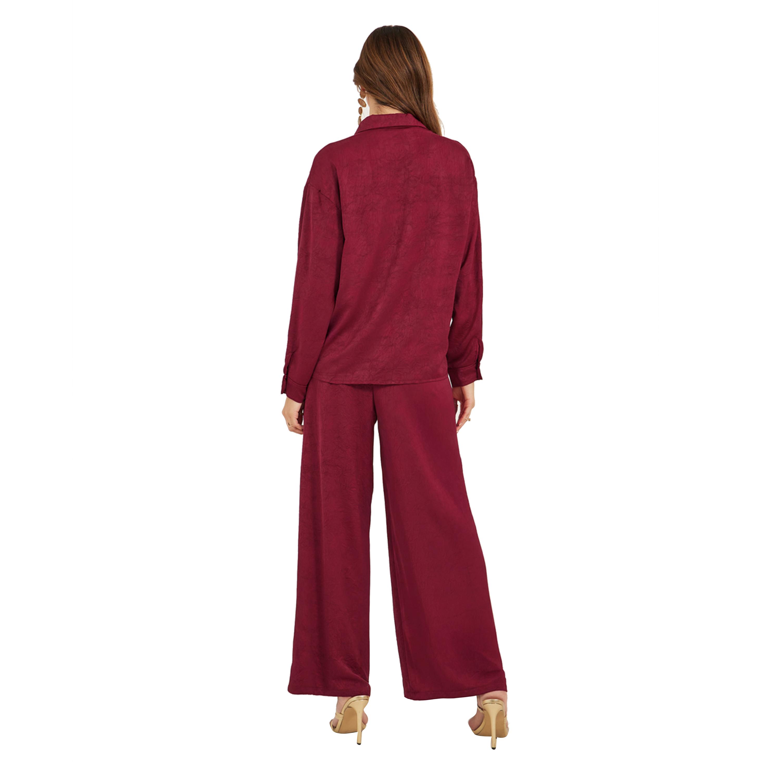 ستايلي -  قميص نسائي من الساتان المنسوج باللون العنابي مع بنطال ساق واسعة-women-clothing-coordsets-image-6