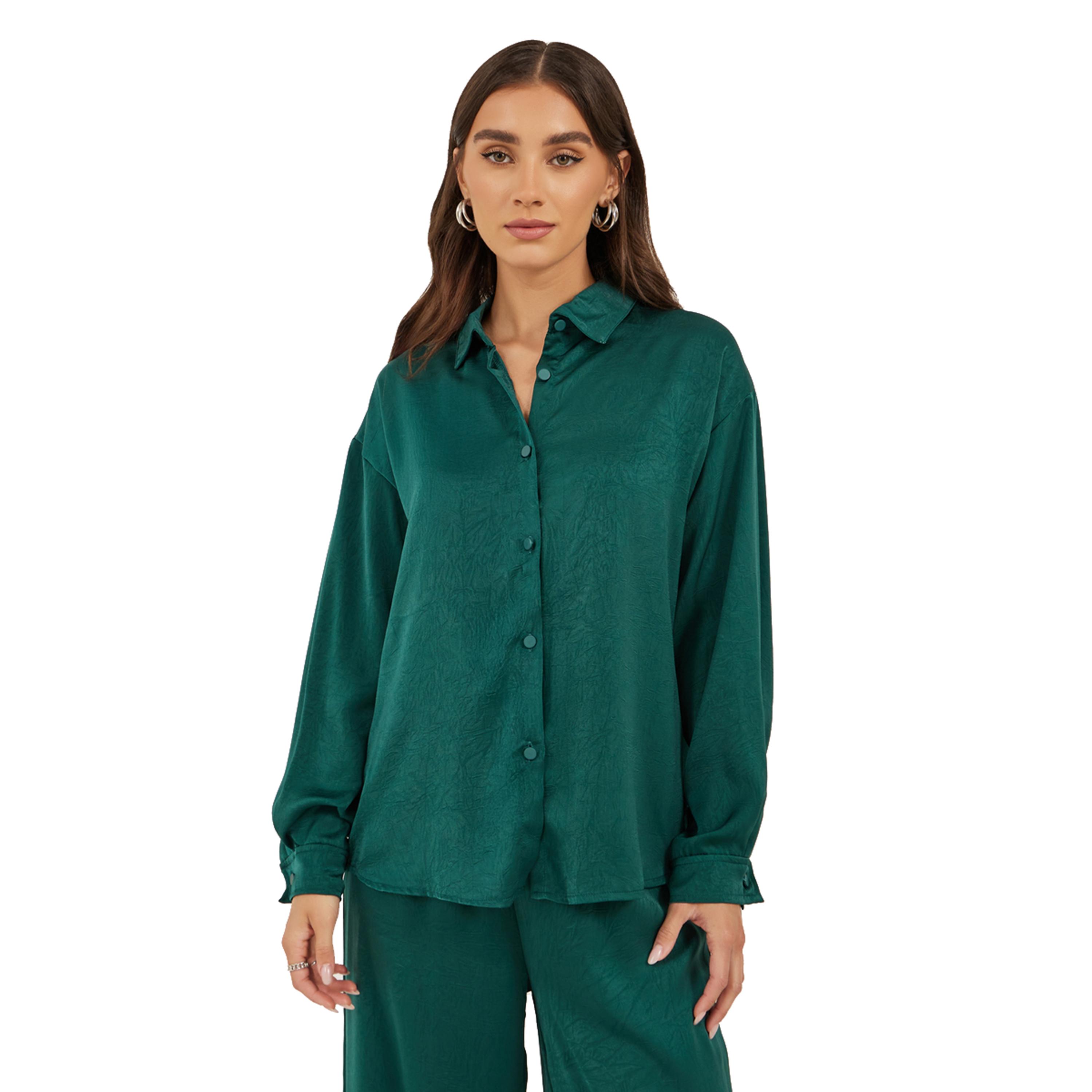 ستايلي -  طقم أنيق من قميص ساتان أخضر وبنطال ساق واسعة للنساء-women-clothing-coordsets-image-3