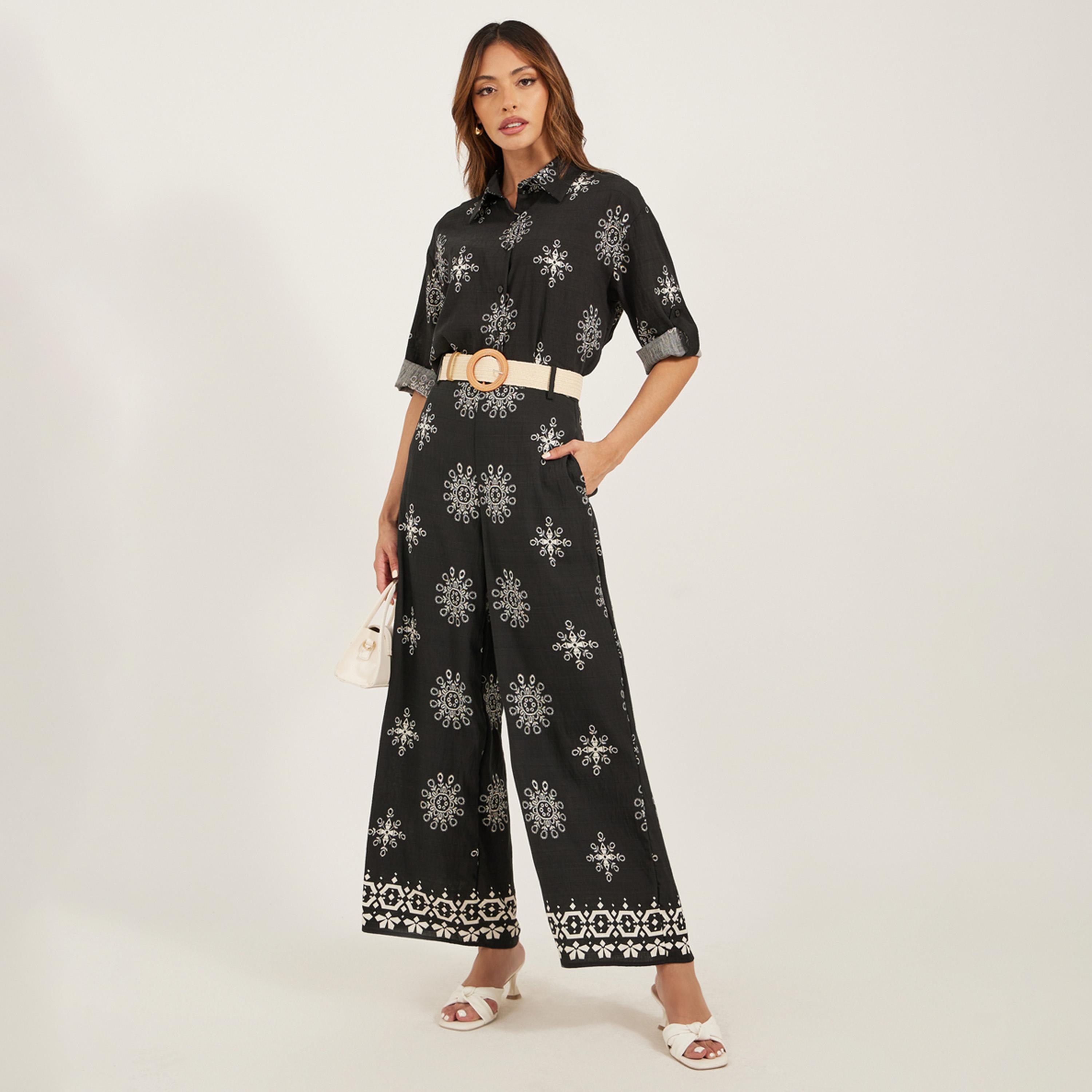 ستايلي - طقم قميص بحزام وتفاصيل أزرار مع بنطال واسع الساق-women-clothing-coordsets-image-1