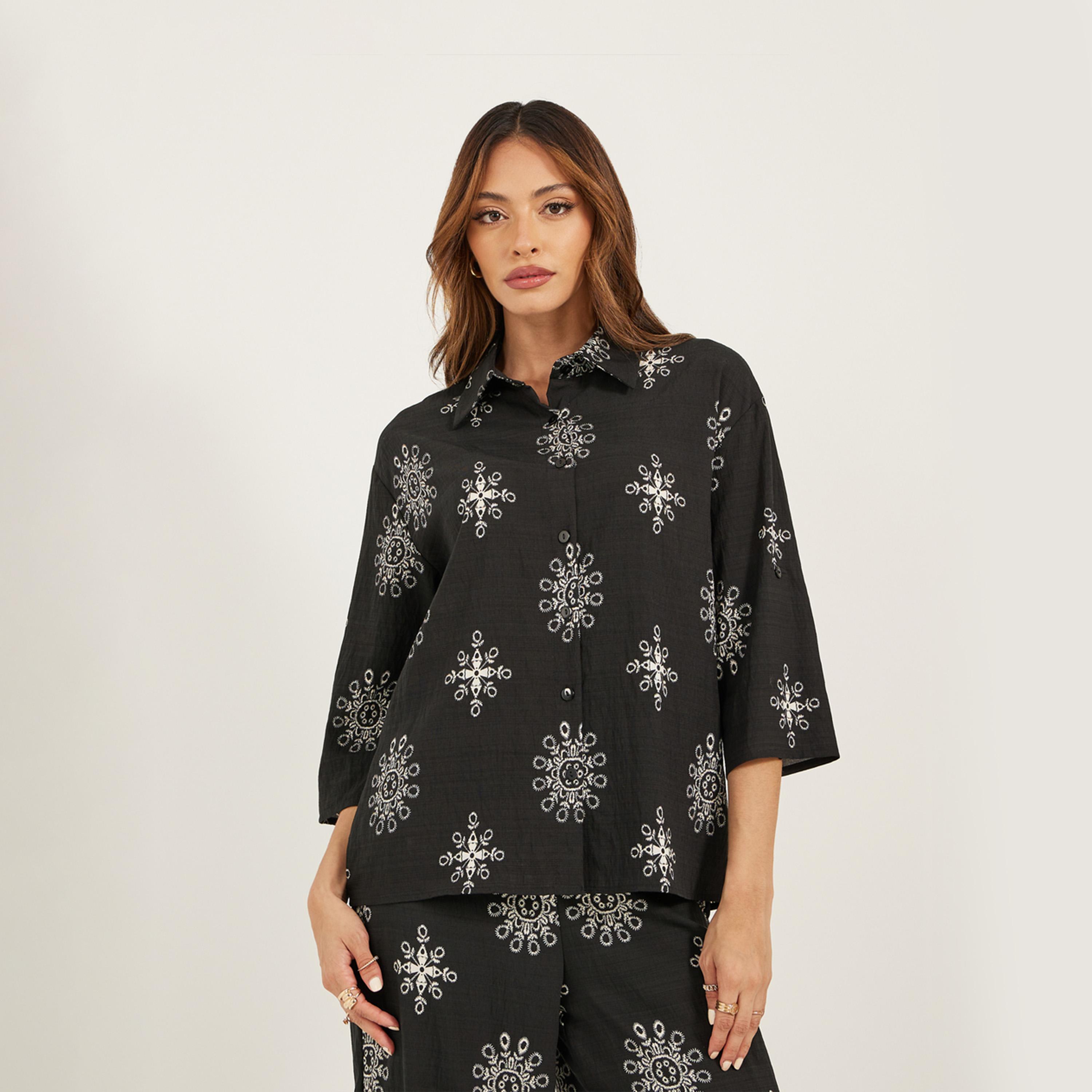 ستايلي - طقم قميص بحزام وتفاصيل أزرار مع بنطال واسع الساق-women-clothing-coordsets-image-4