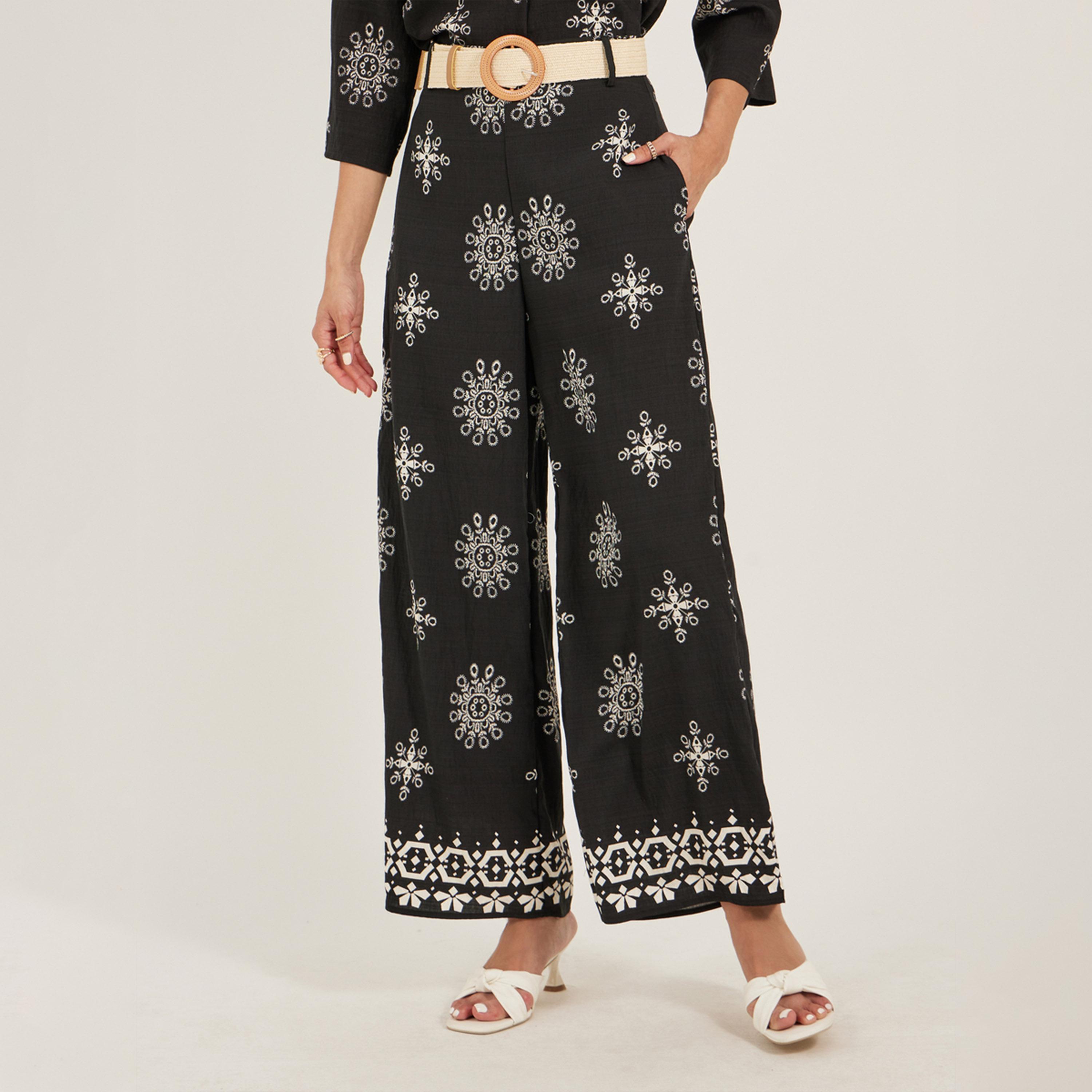ستايلي - طقم قميص بحزام وتفاصيل أزرار مع بنطال واسع الساق-women-clothing-coordsets-image-6