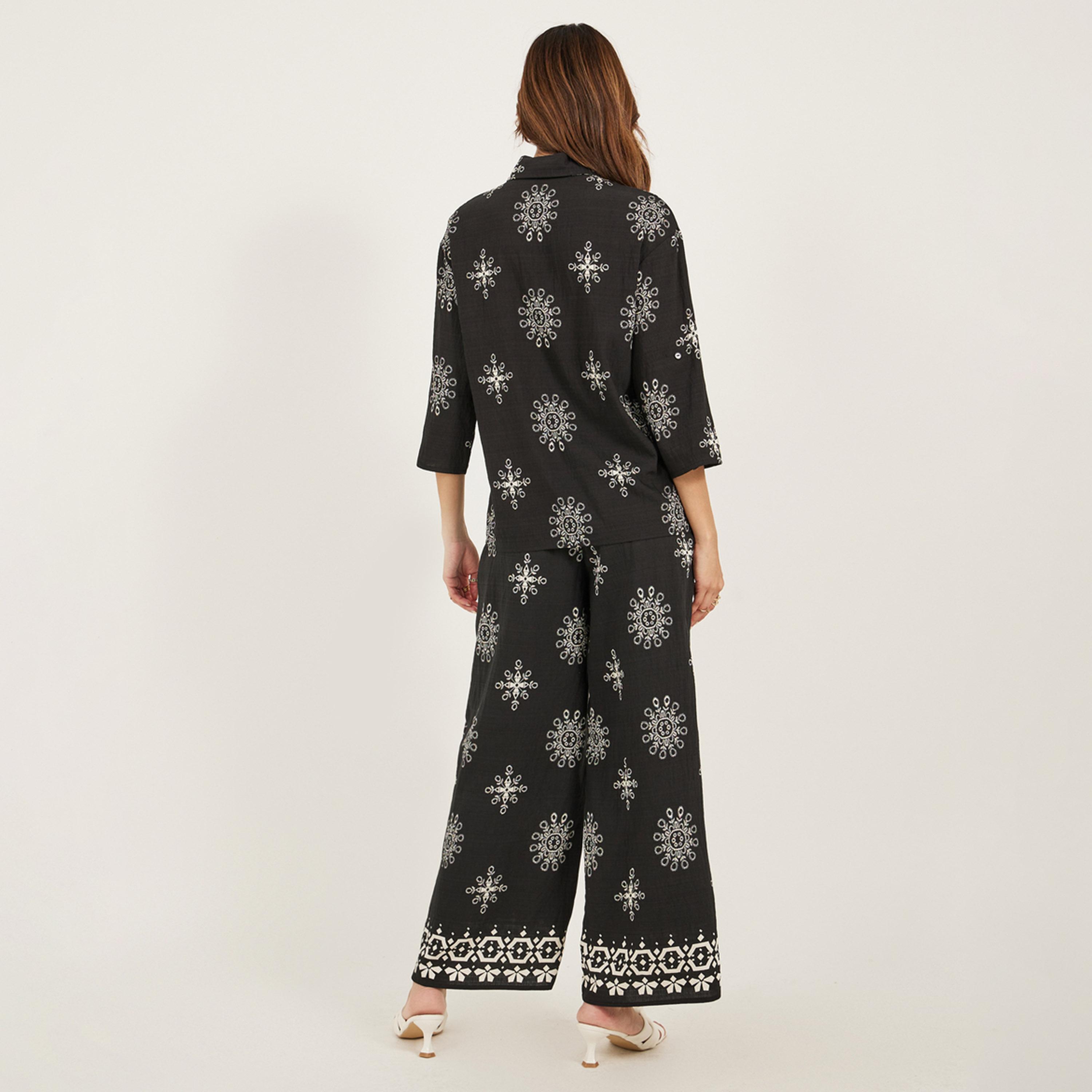 ستايلي - طقم قميص بحزام وتفاصيل أزرار مع بنطال واسع الساق-women-clothing-coordsets-image-7
