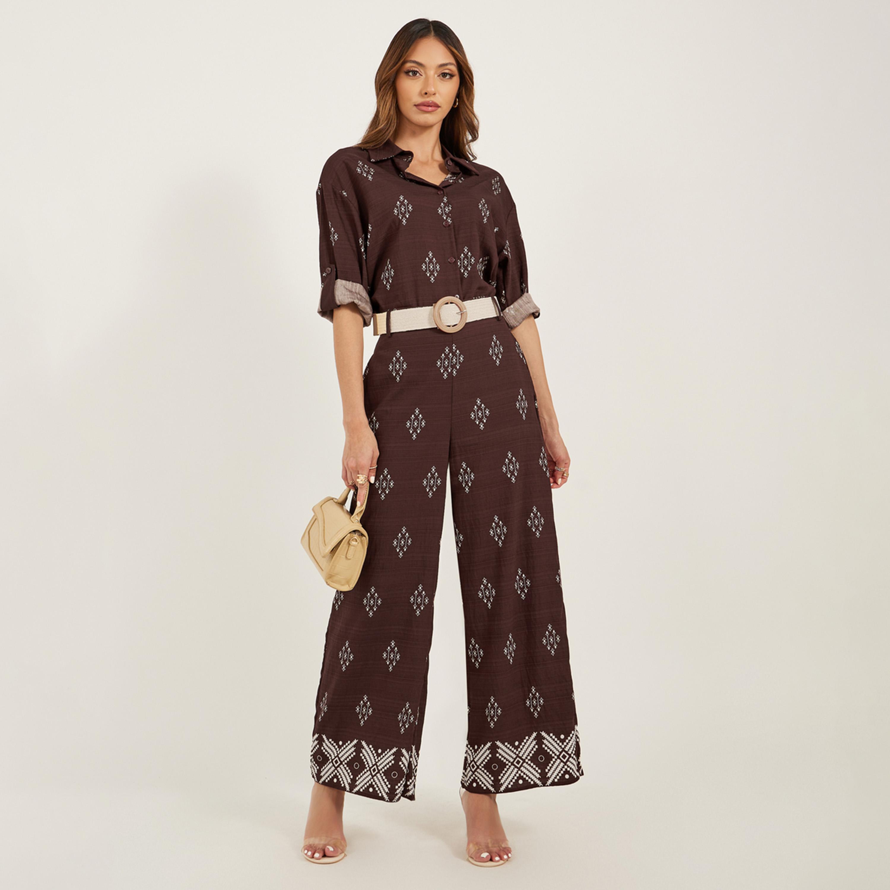 ستايلي - طقم قميص بحزام وتفاصيل أزرار مع بنطال-women-clothing-coordsets-image-1
