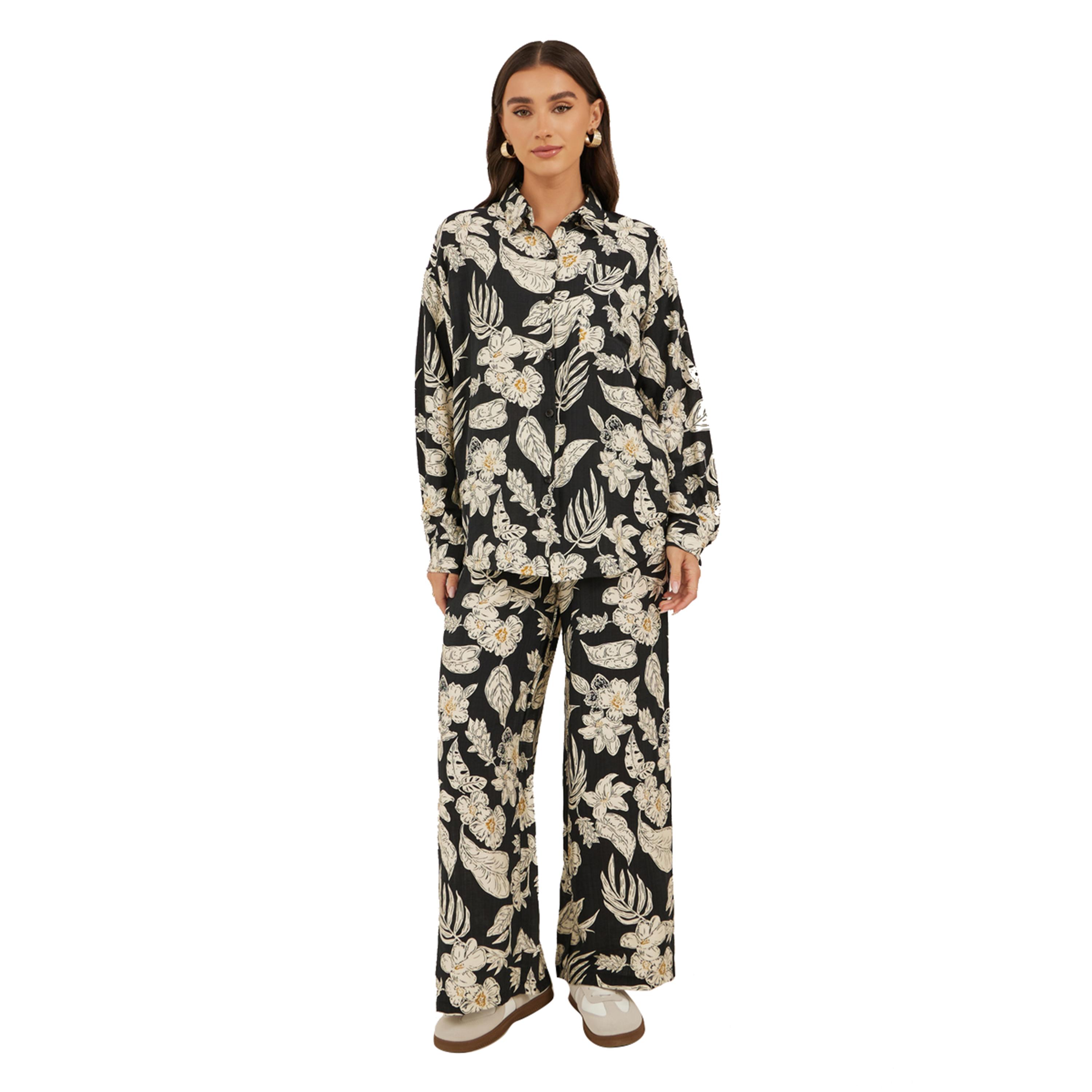 ستايلي -  طقم نسائي ، قميص مطبوع مقاس كبيروبنطال واسع الساق-women-clothing-coordsets-image-2