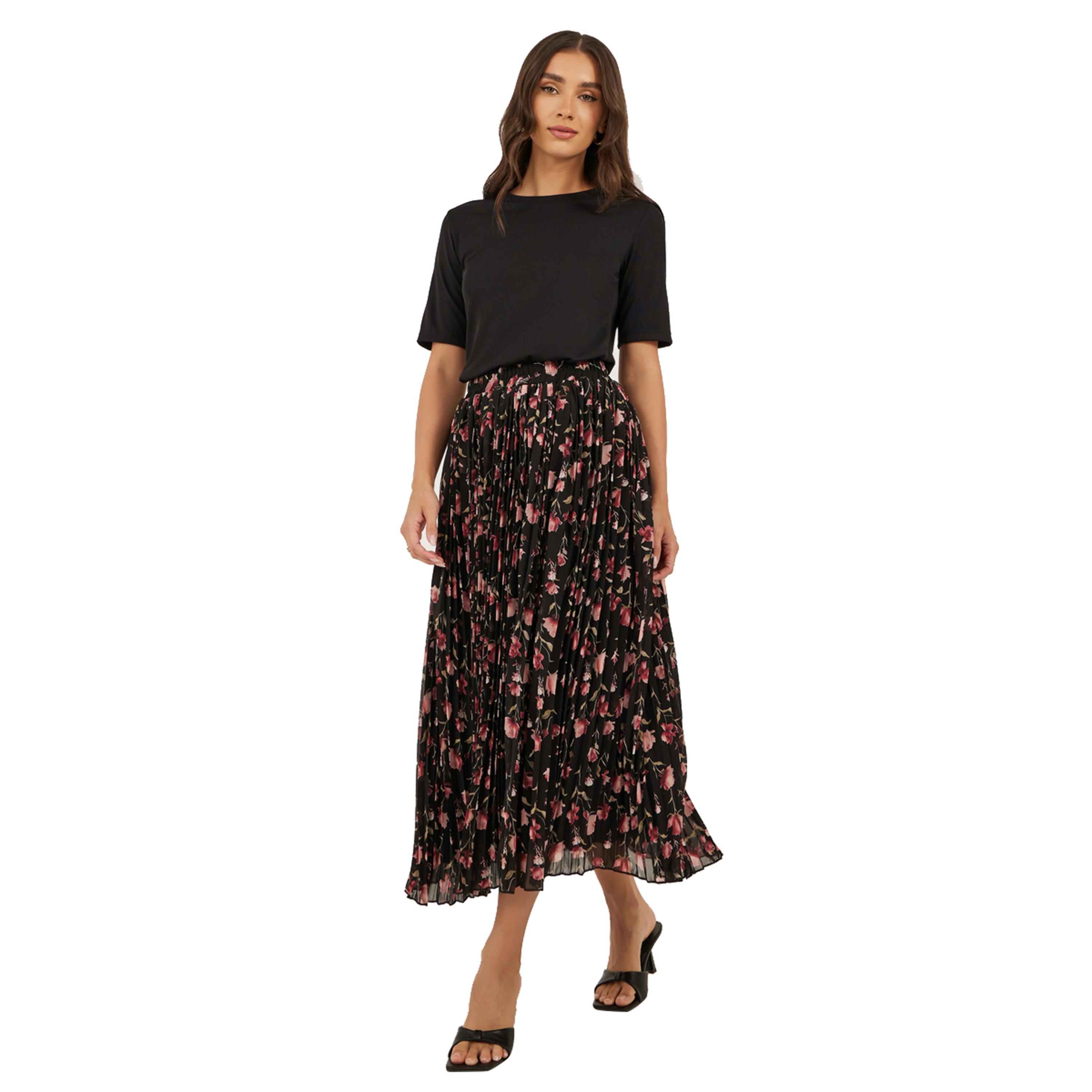 ستايلي -  بلوزة محبوكة سادة وتنورة مطبوعة مطوية على شكل حرف A-women-clothing-coordsets-image-1