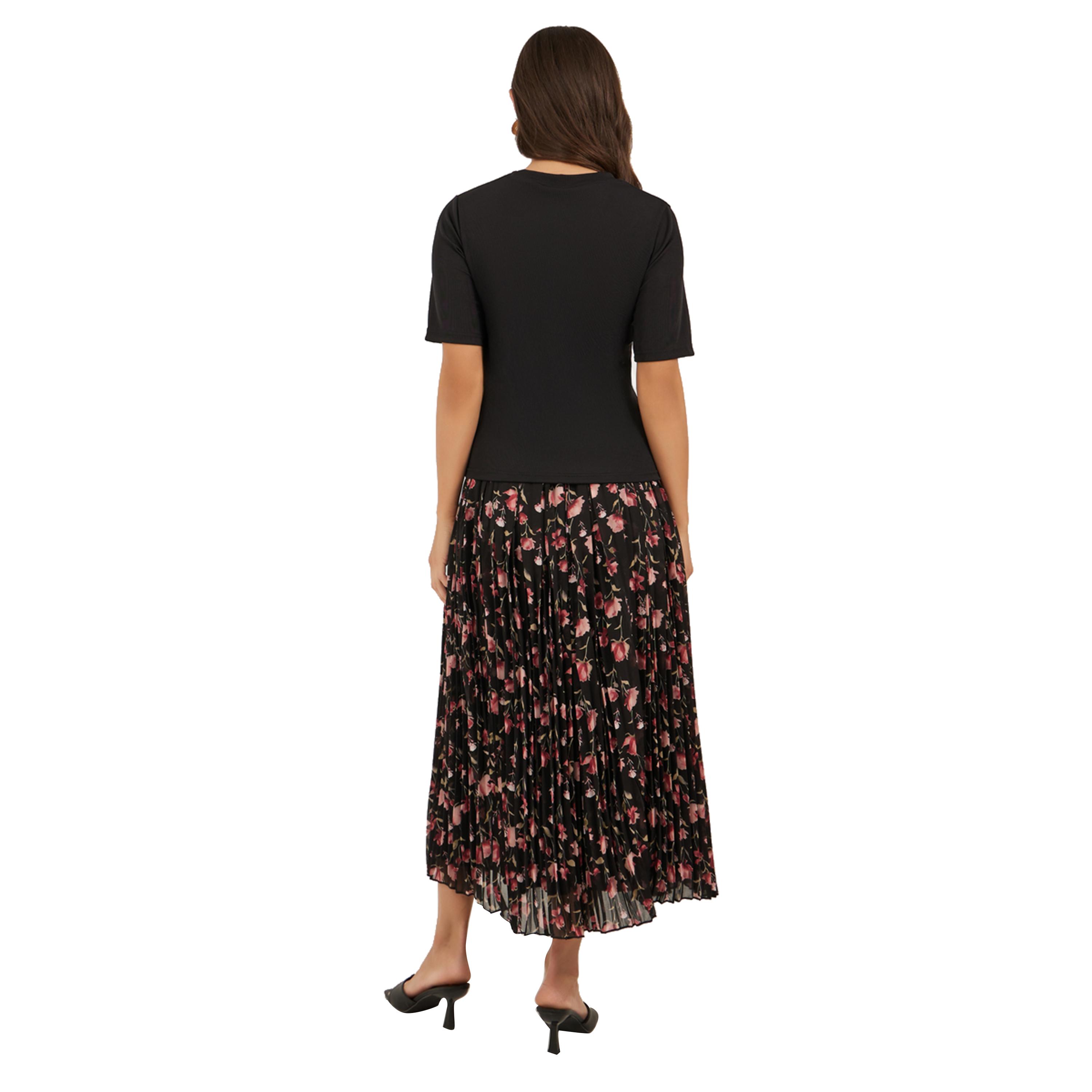 ستايلي -  بلوزة محبوكة سادة وتنورة مطبوعة مطوية على شكل حرف A-women-clothing-coordsets-image-4