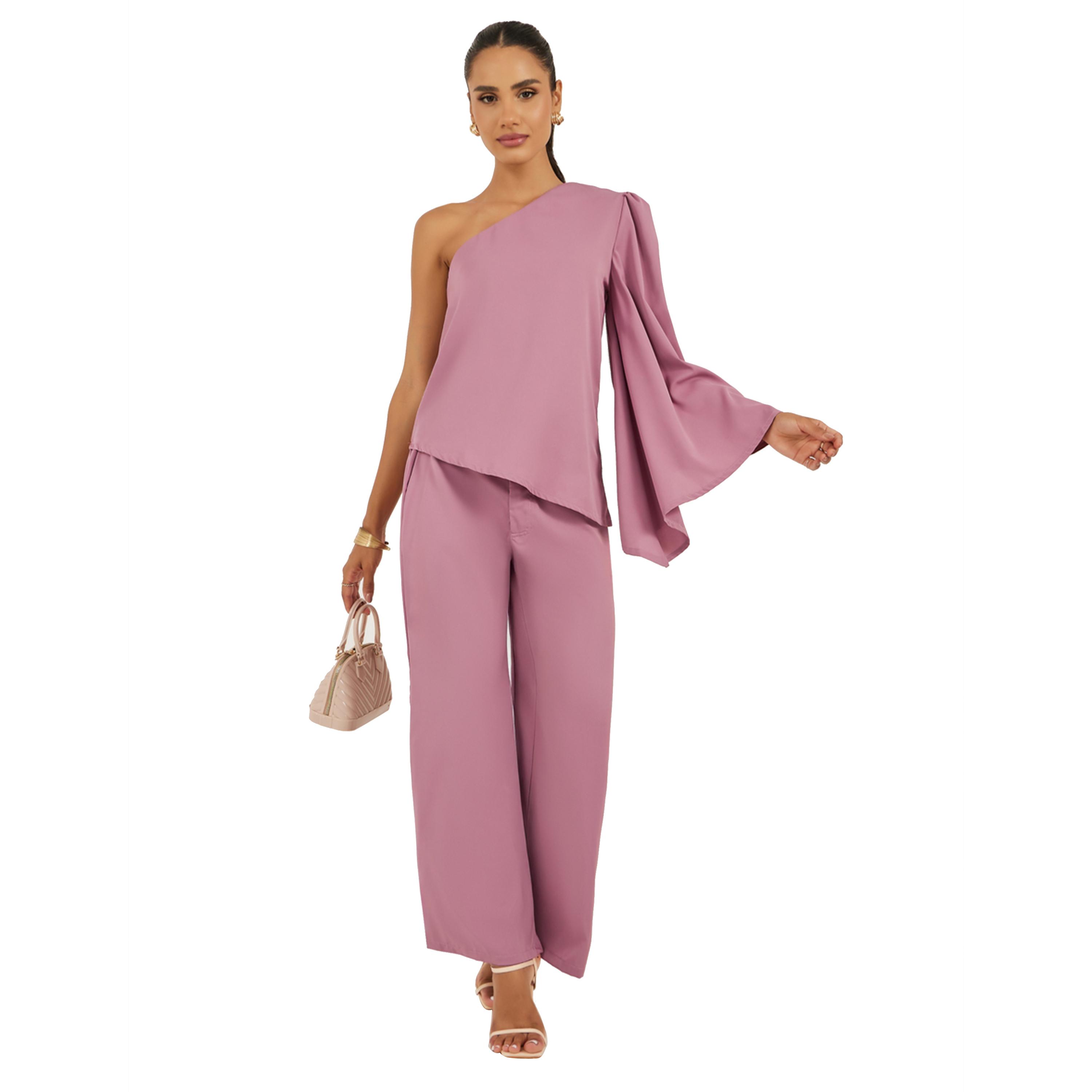 ستايلي- طقم وردي مكون من بلوزة بكتف واحد وبنطلون واسع-women-clothing-coordsets-image-1
