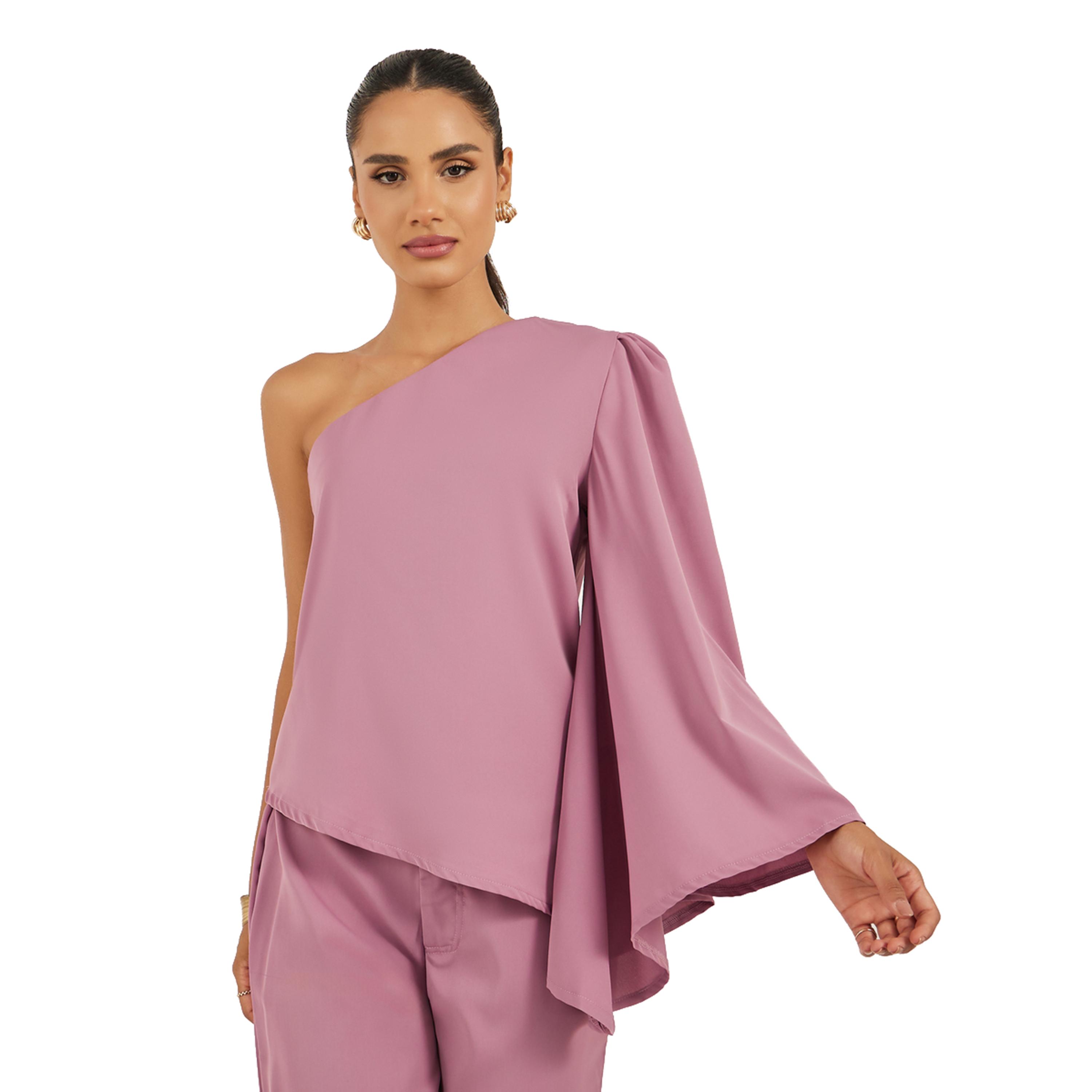 Styli Pink One Shoulder Top and Flared Trousers Co-Ords-women-clothing-coordsets-image-2