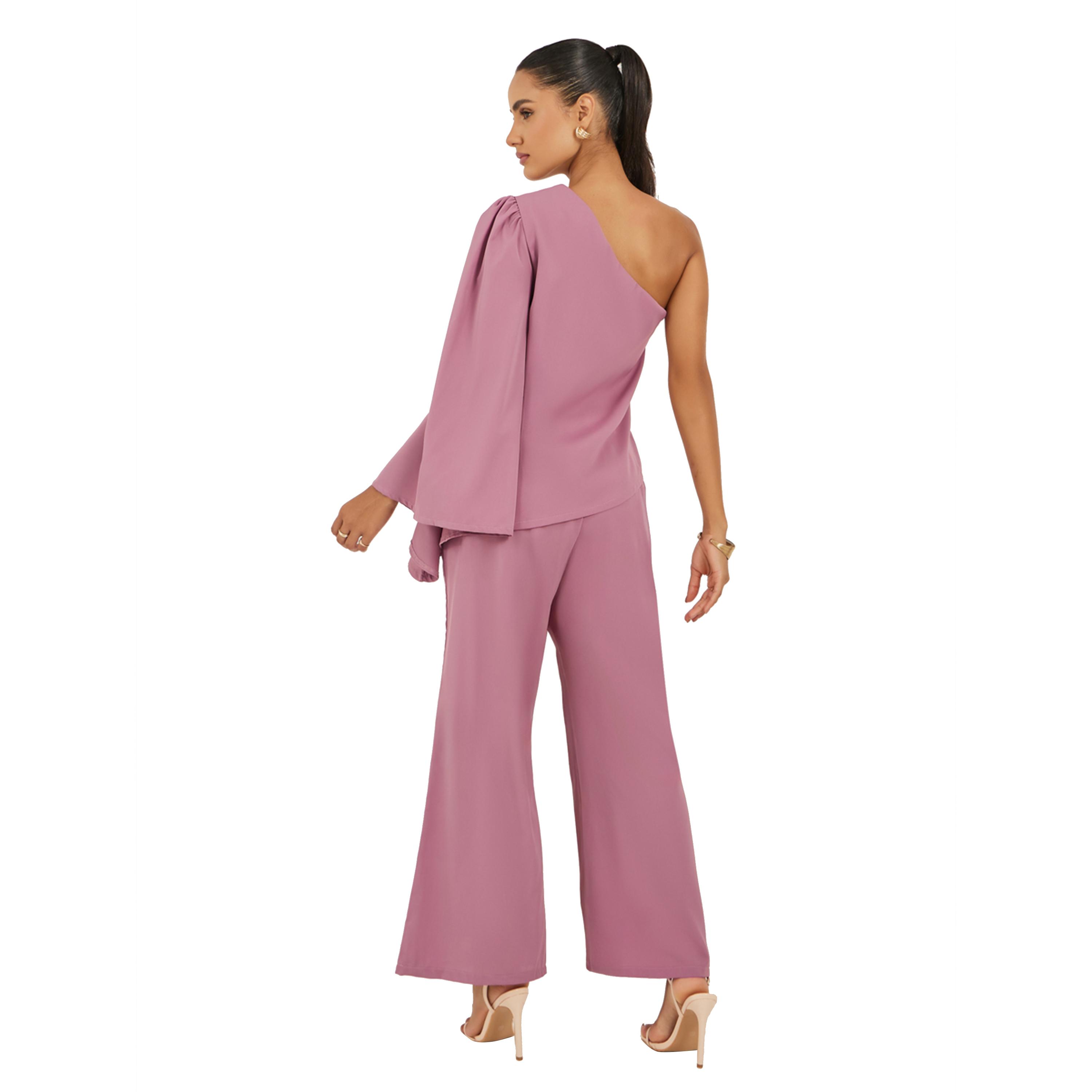 ستايلي- طقم وردي مكون من بلوزة بكتف واحد وبنطلون واسع-women-clothing-coordsets-image-4